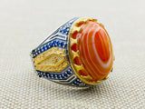 Men's Authentic Yemeni Aqeeq Orange Stone Ring - Handcrafted 925 Sterling Silver Ottoman Design