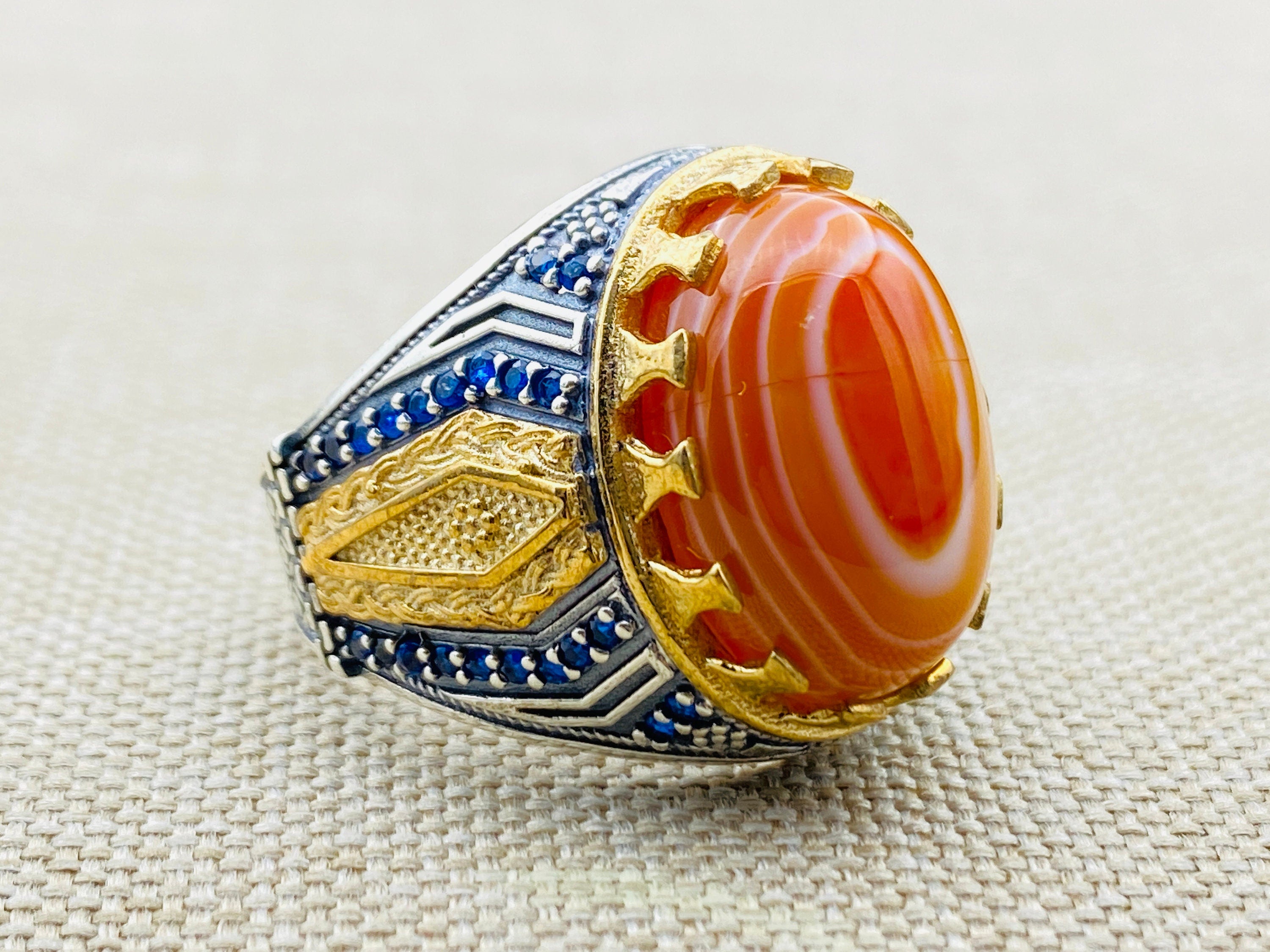 Men's Authentic Yemeni Aqeeq Orange Stone Ring - Handcrafted 925 Sterling Silver Ottoman Design