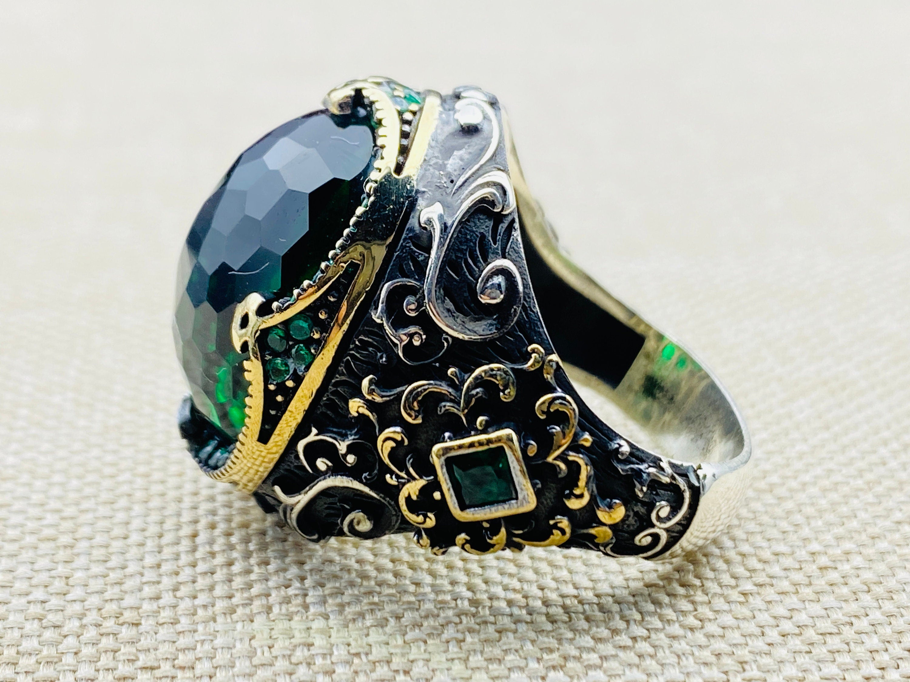 Men's Cubic Zircon Stone Green 925 Sterling Silver Ring