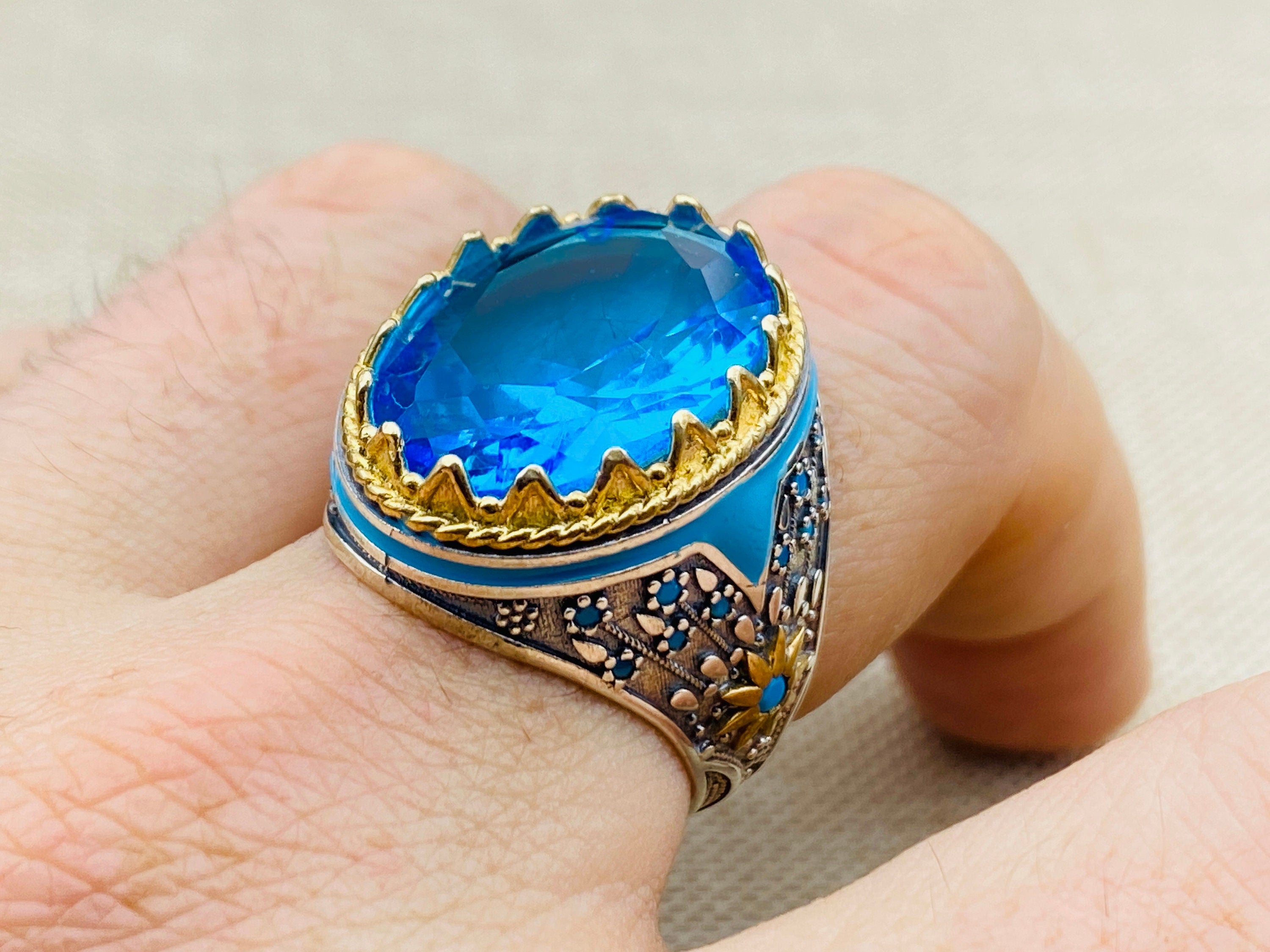 Exquisite Turkish Handcrafted 925 Sterling Silver Men's Blue Aquamarine Oval Ring - Ottoman Style Statement Jewelry
