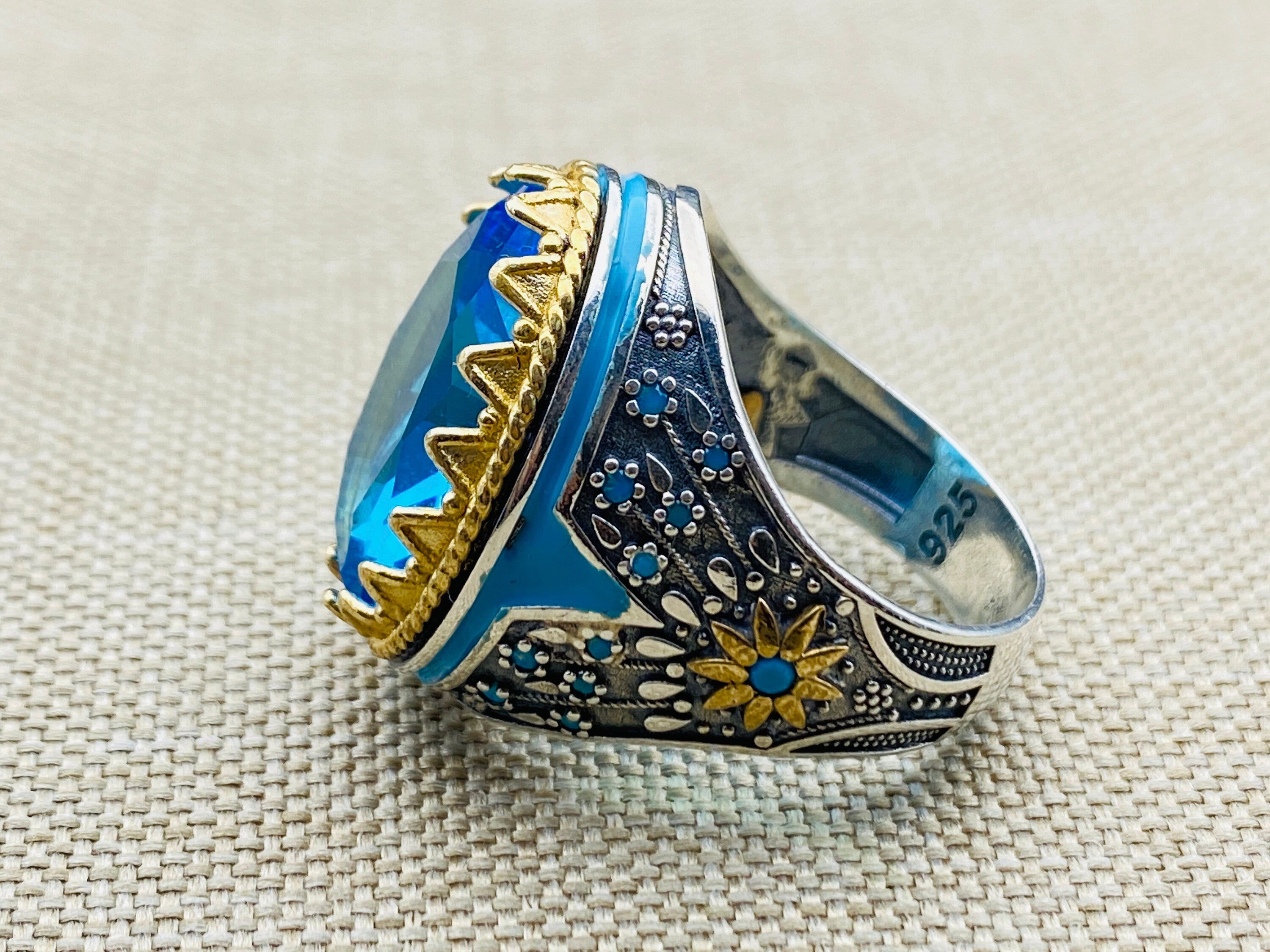 Exquisite Turkish Handcrafted 925 Sterling Silver Men's Blue Aquamarine Oval Ring - Ottoman Style Statement Jewelry