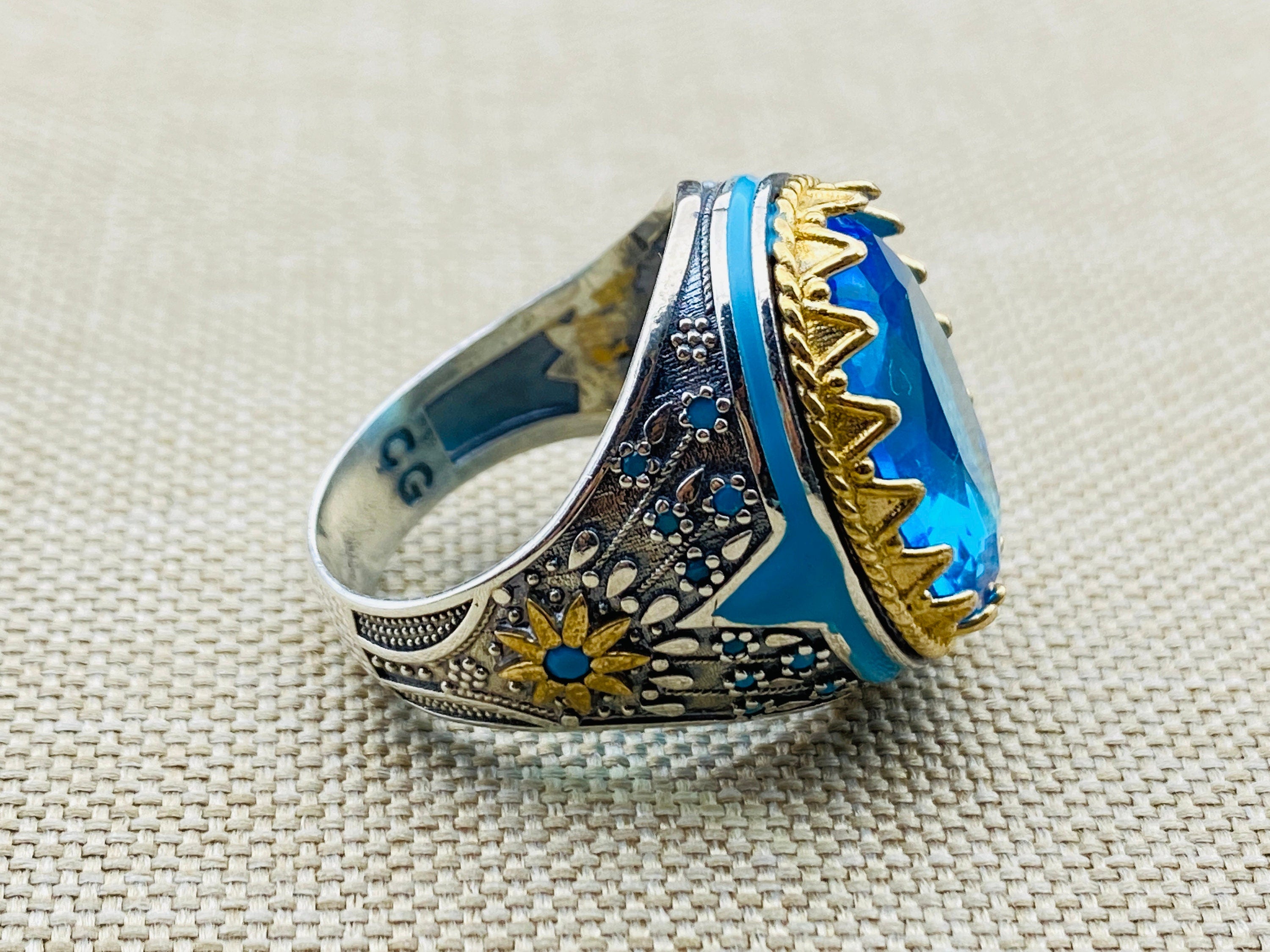 Exquisite Turkish Handcrafted 925 Sterling Silver Men's Blue Aquamarine Oval Ring - Ottoman Style Statement Jewelry