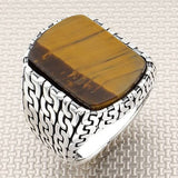 خاتم فضة رجالي بنقشة سلسلة حجر سادة مصنوع يدويًا