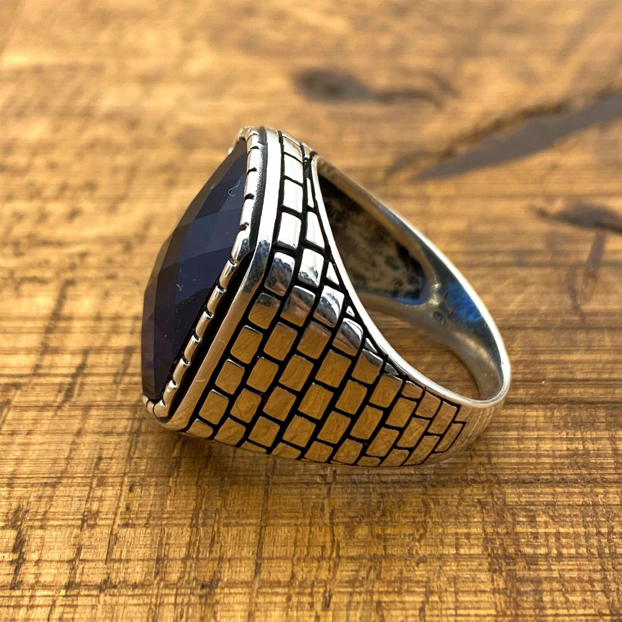 خاتم مربع من الفيروز الأزرق من الفضة الإسترلينية 925 للرجال - يدوي الصنع، تصميم بسيط وجاهز كهدية