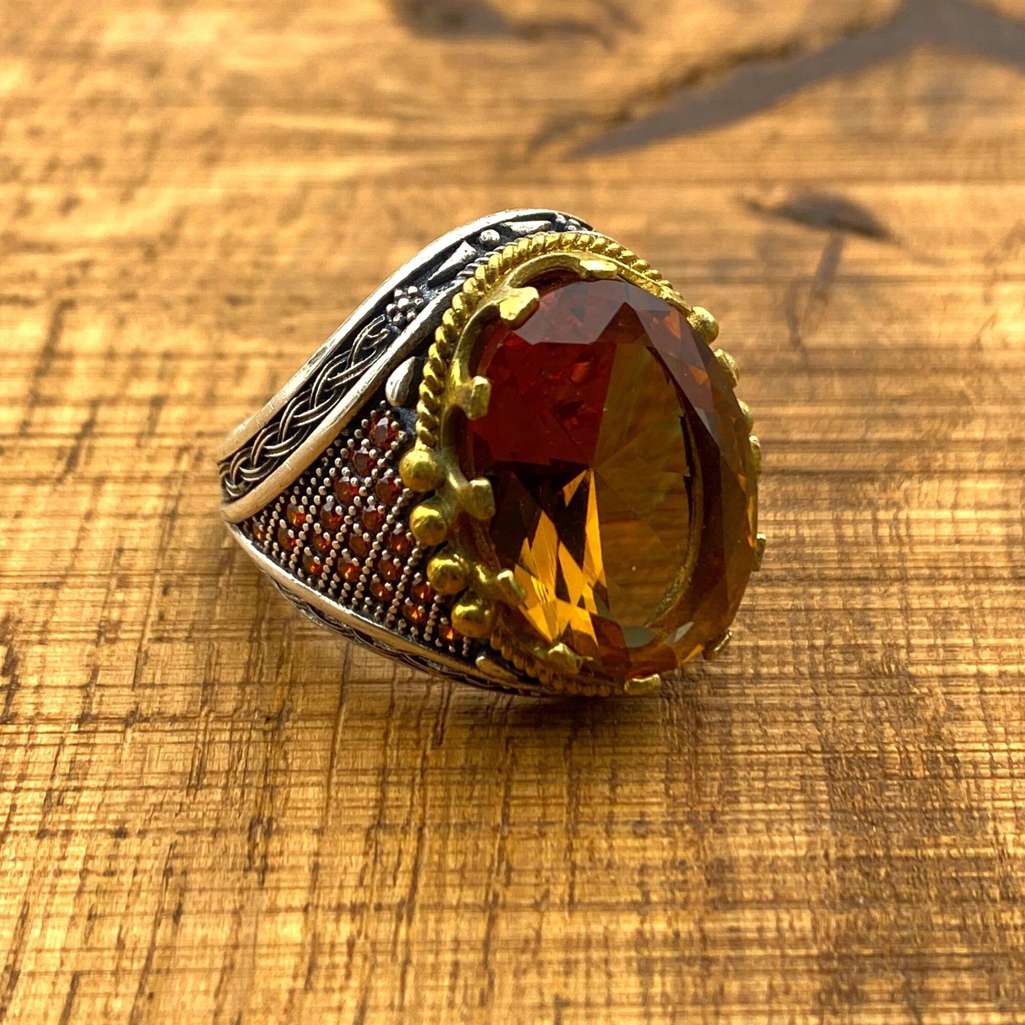 خاتم فضة إسترليني 925 تركي أصلي مصنوع يدويًا للرجال بلون زولتانيت المتغير