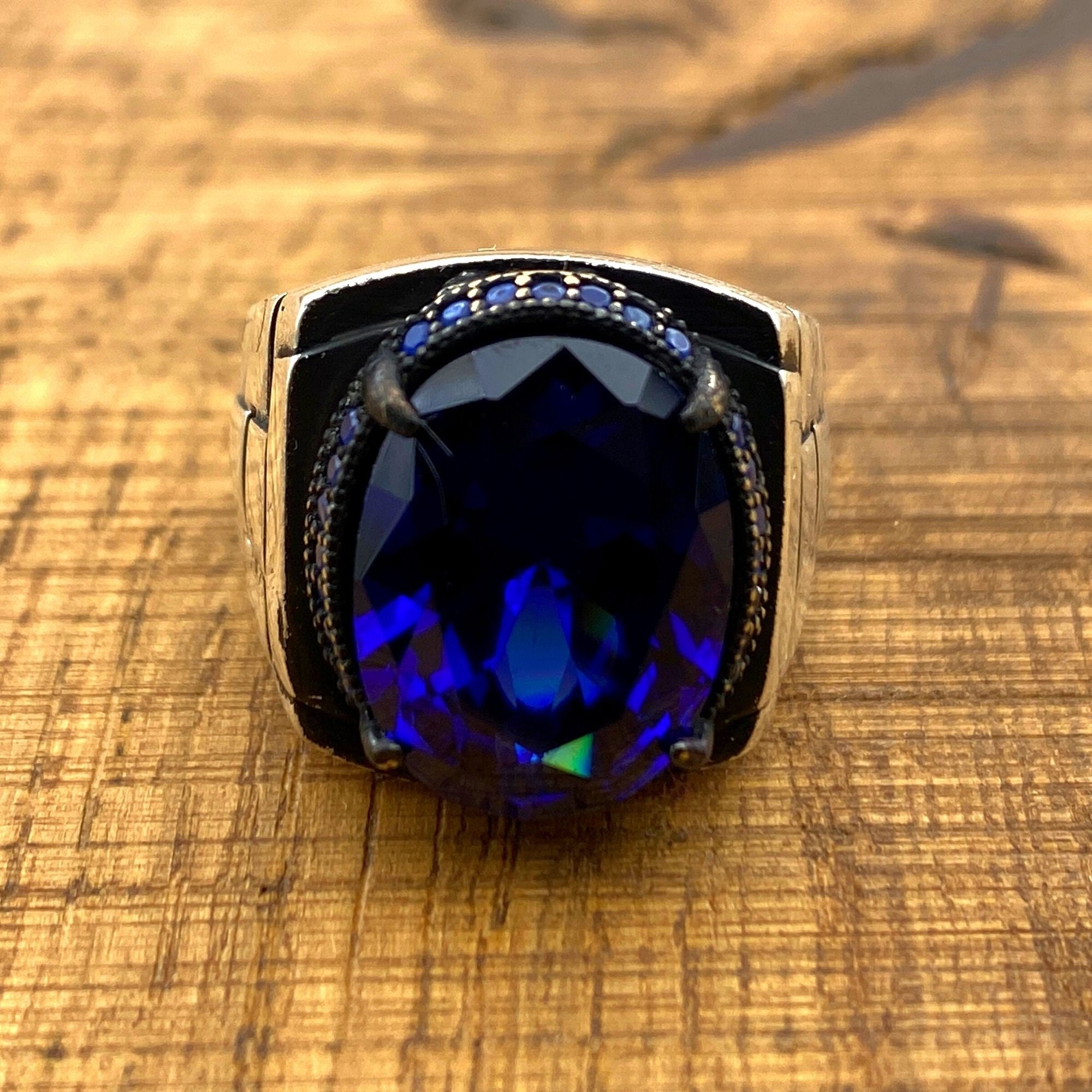 Artisan Men's Blue Sapphire 925 Sterling Silver Ring with Unique Watch Band Design & CZ Accents