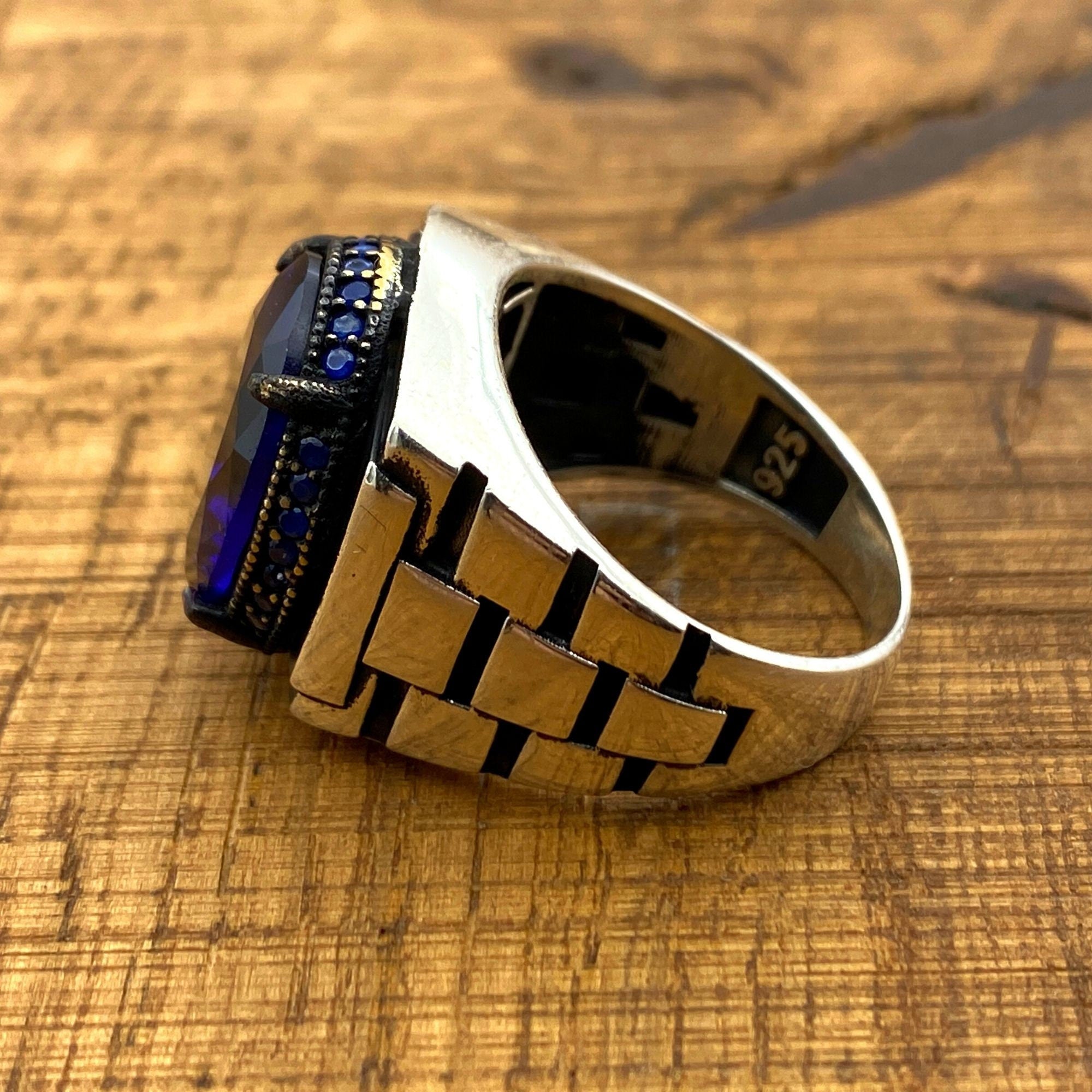 Artisan Men's Blue Sapphire 925 Sterling Silver Ring with Unique Watch Band Design & CZ Accents