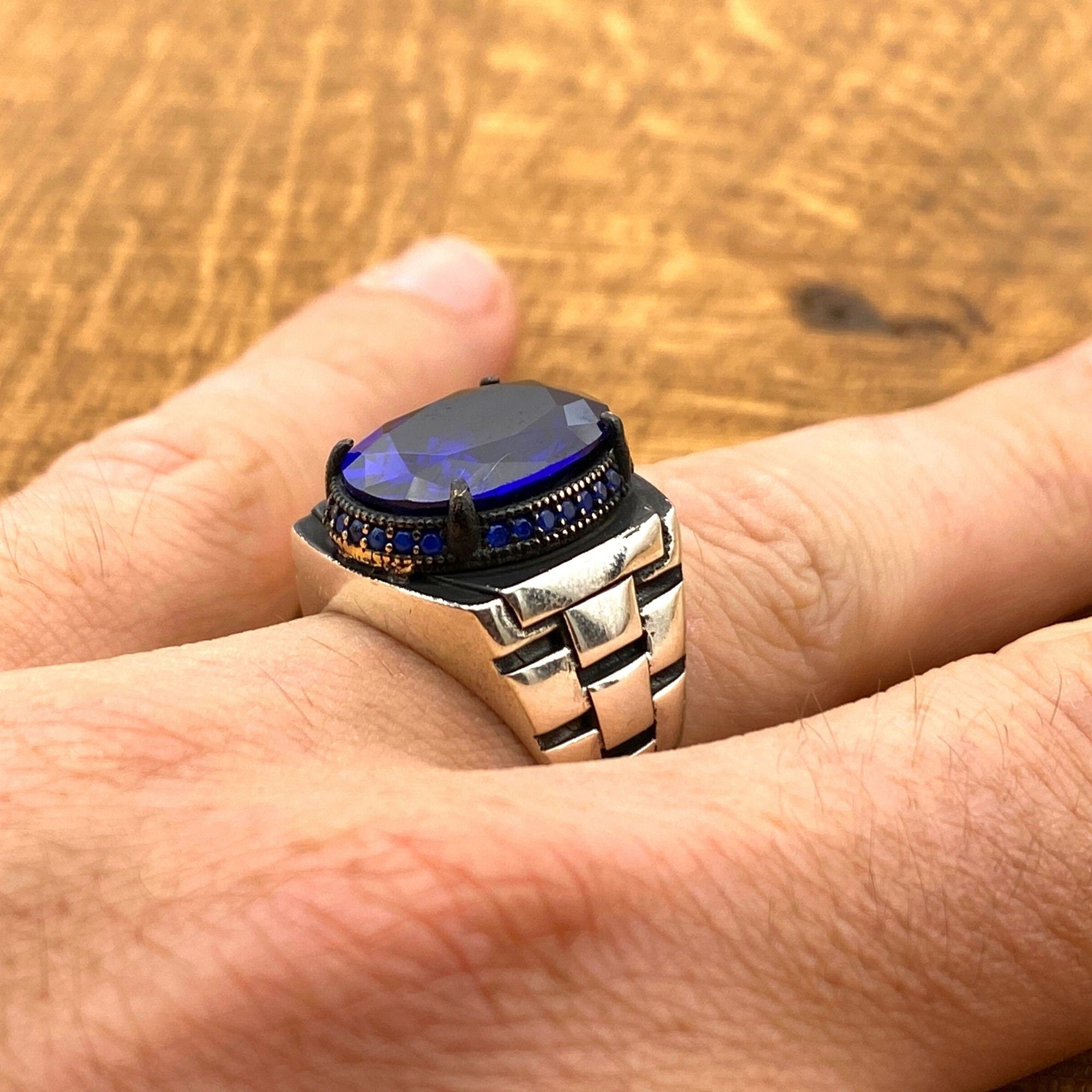 Artisan Men's Blue Sapphire 925 Sterling Silver Ring with Unique Watch Band Design & CZ Accents