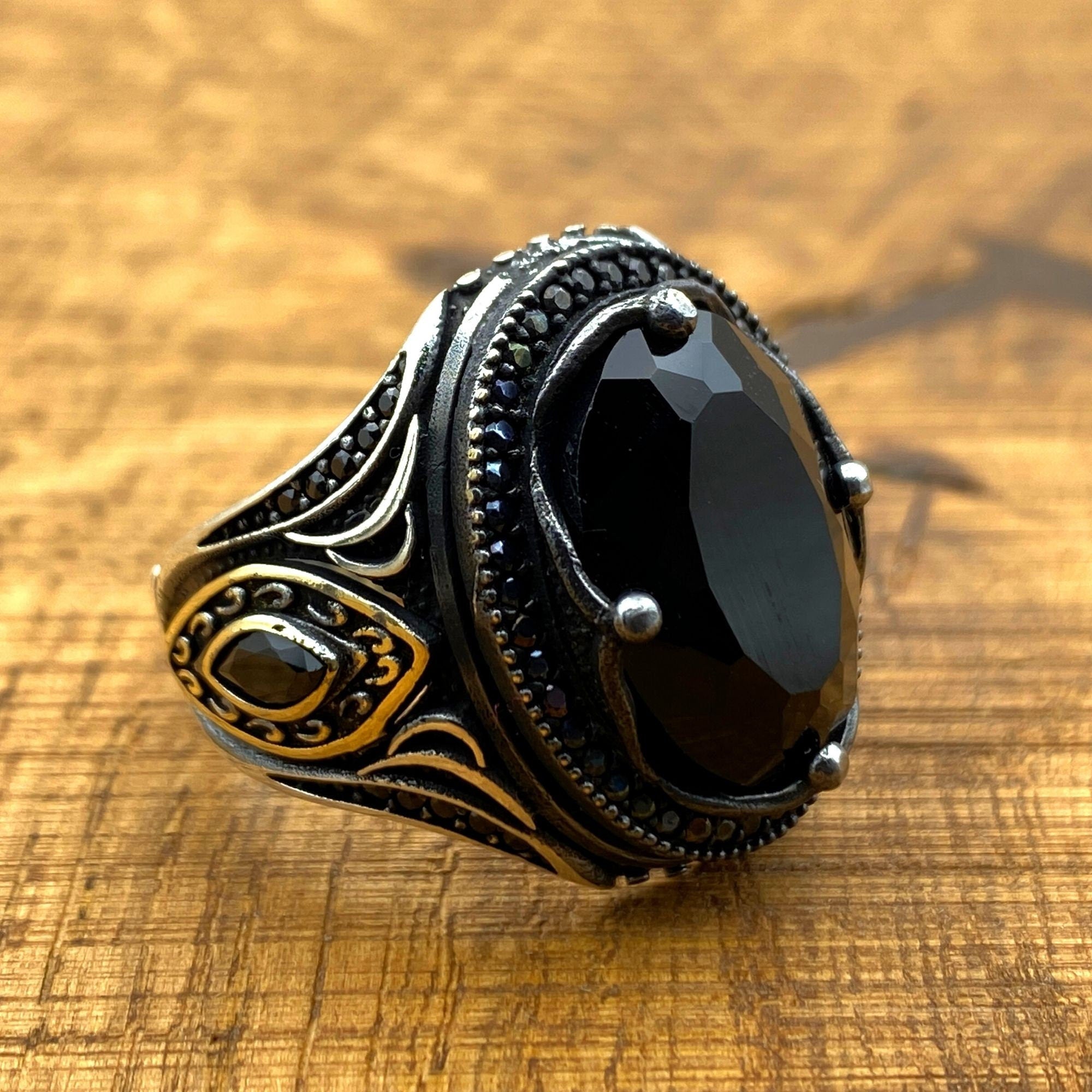 Turkish Handmade Men's 925 Sterling Silver Black Onyx Ring - Artisan Statement Jewelry Gift for Him