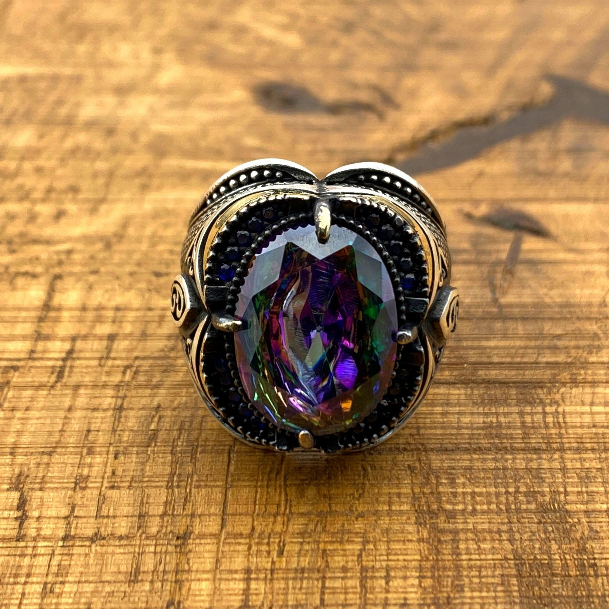 Handcrafted Men's 925 Sterling Silver Mystic Topaz Ring - Bold Statement Piece