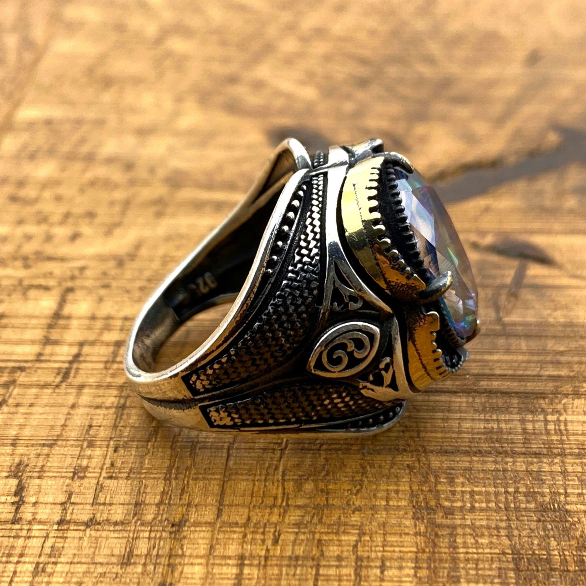 Handcrafted Men's 925 Sterling Silver Mystic Topaz Ring - Bold Statement Piece