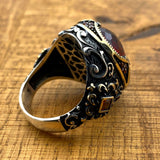 خاتم عثماني رجالي مصنوع يدويًا من الفضة الإسترلينية | حجر كريم زركون أحمر بيضاوي