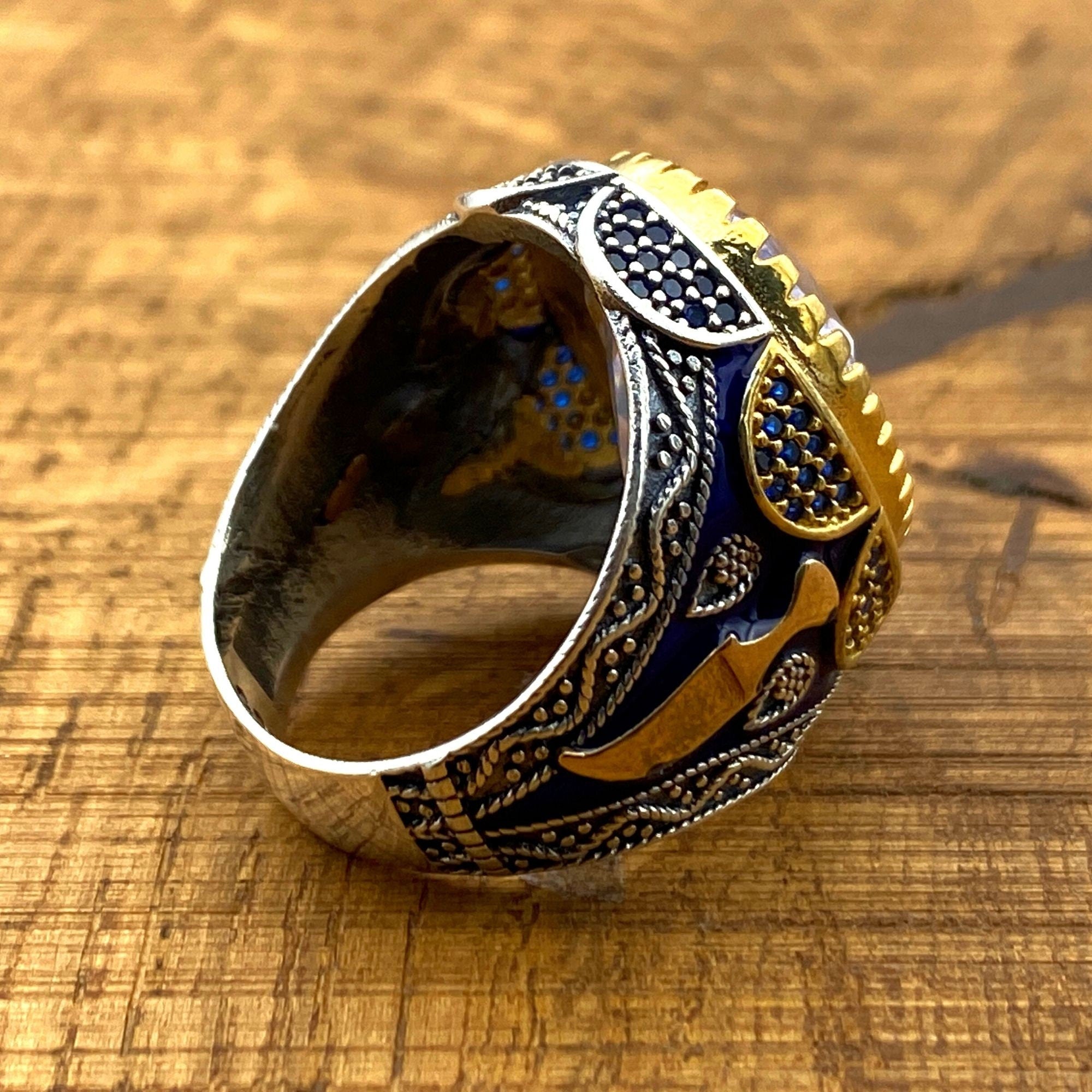 Turkish Handcrafted 925 Sterling Silver Men's Ring | Ottoman Style White Oval Zircon