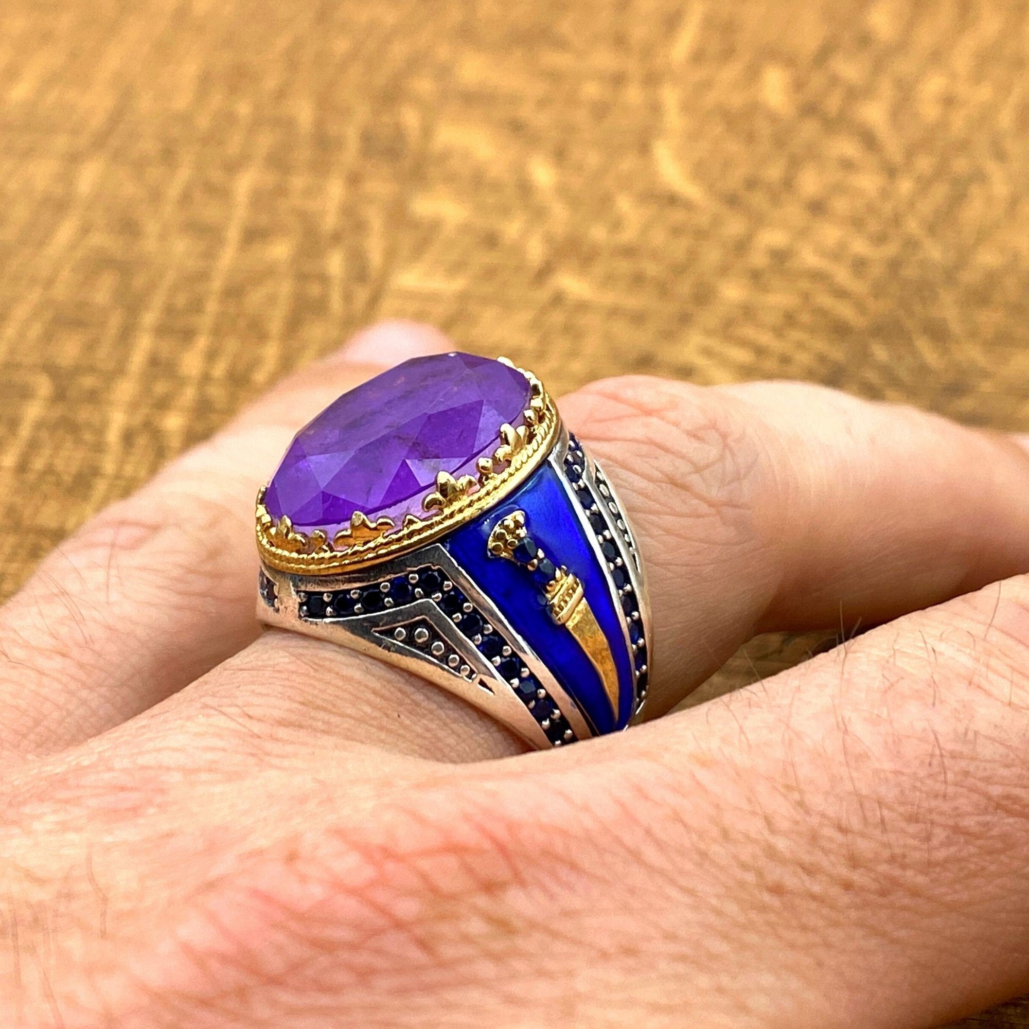 خاتم فضة إسترليني عثماني للرجال مع تورمالين بارايبا بنفسجي - تصميم أنيق يدوي من منتصف القرن | هدية له
