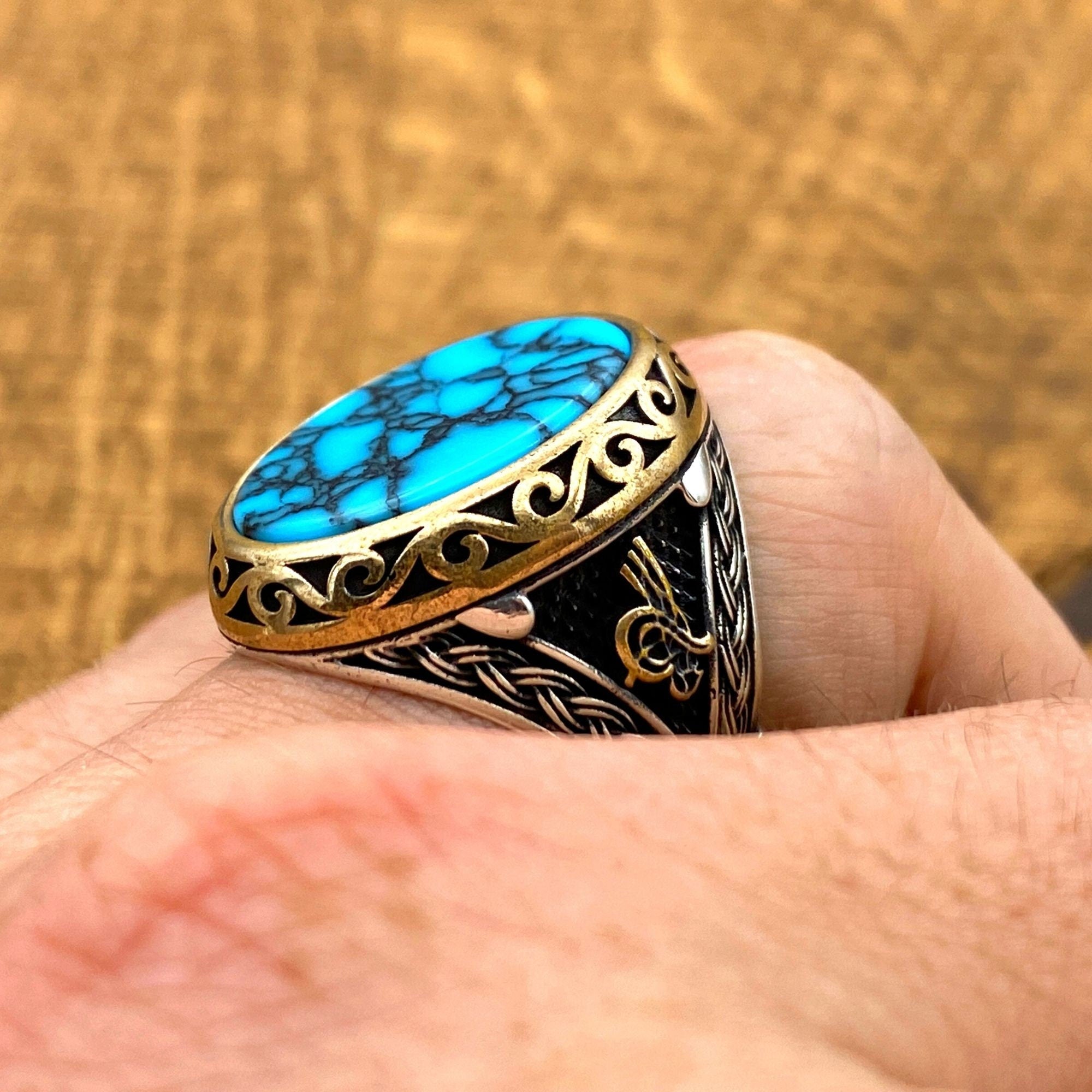 Men's Handcrafted 925 Sterling Silver Turquoise Oval Ring - Ottoman Inspired Jewelry Gift