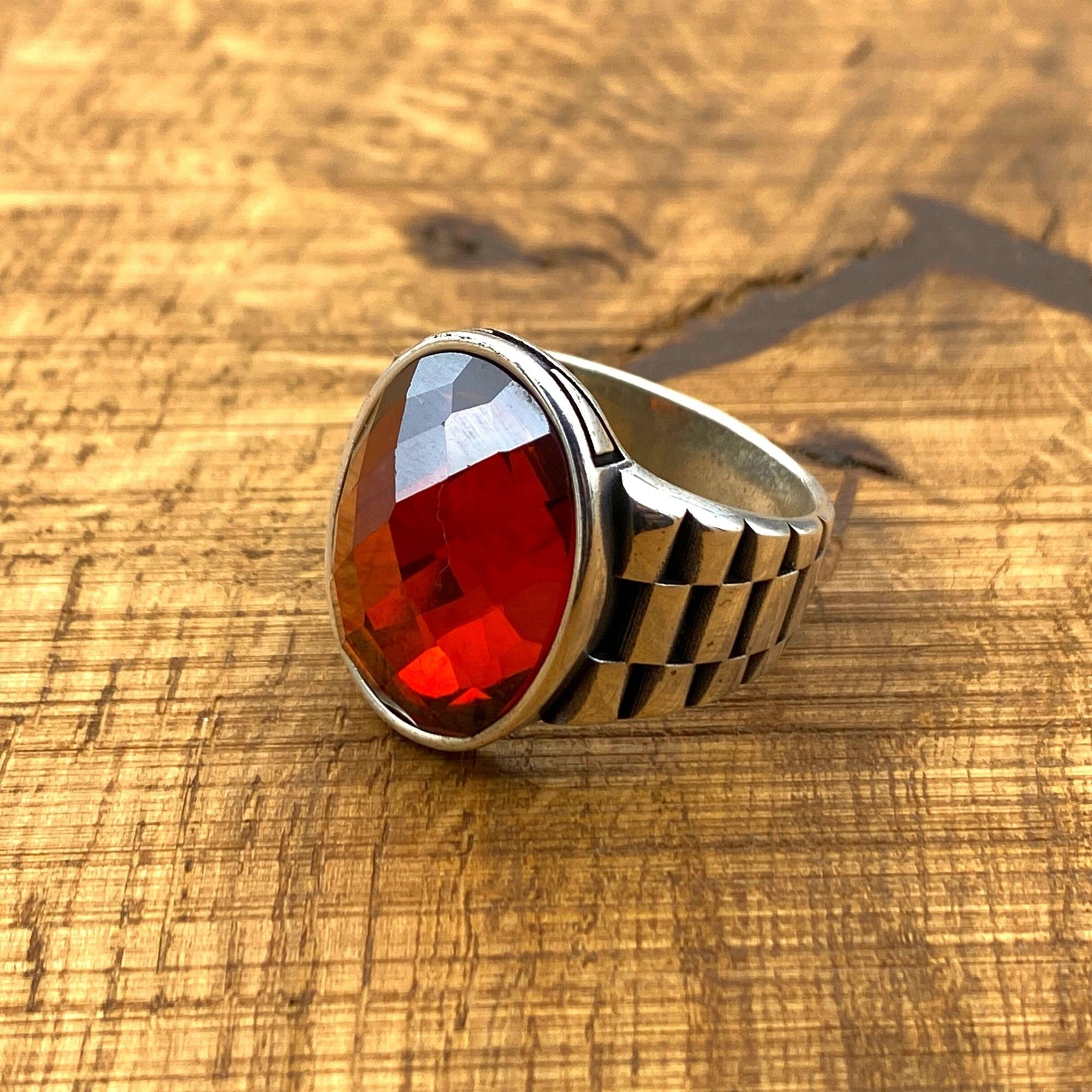خاتم فضة استرلينية 925 يدوي الصنع للرجال على الطراز العثماني | حجر كريم زركون أحمر بيضاوي