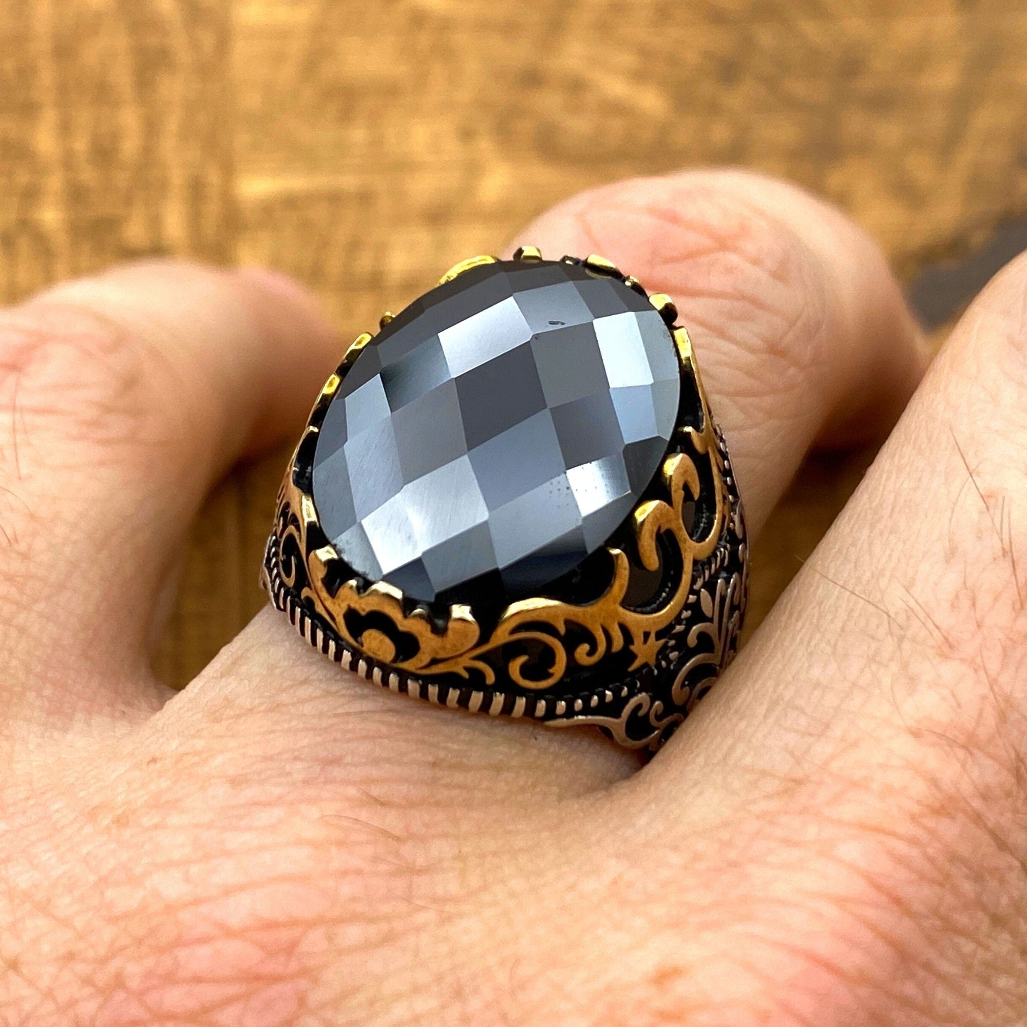 Men's Bold Black Zircon 925 Sterling Silver Ring - Authentic Turkish Handmade Statement Jewelry