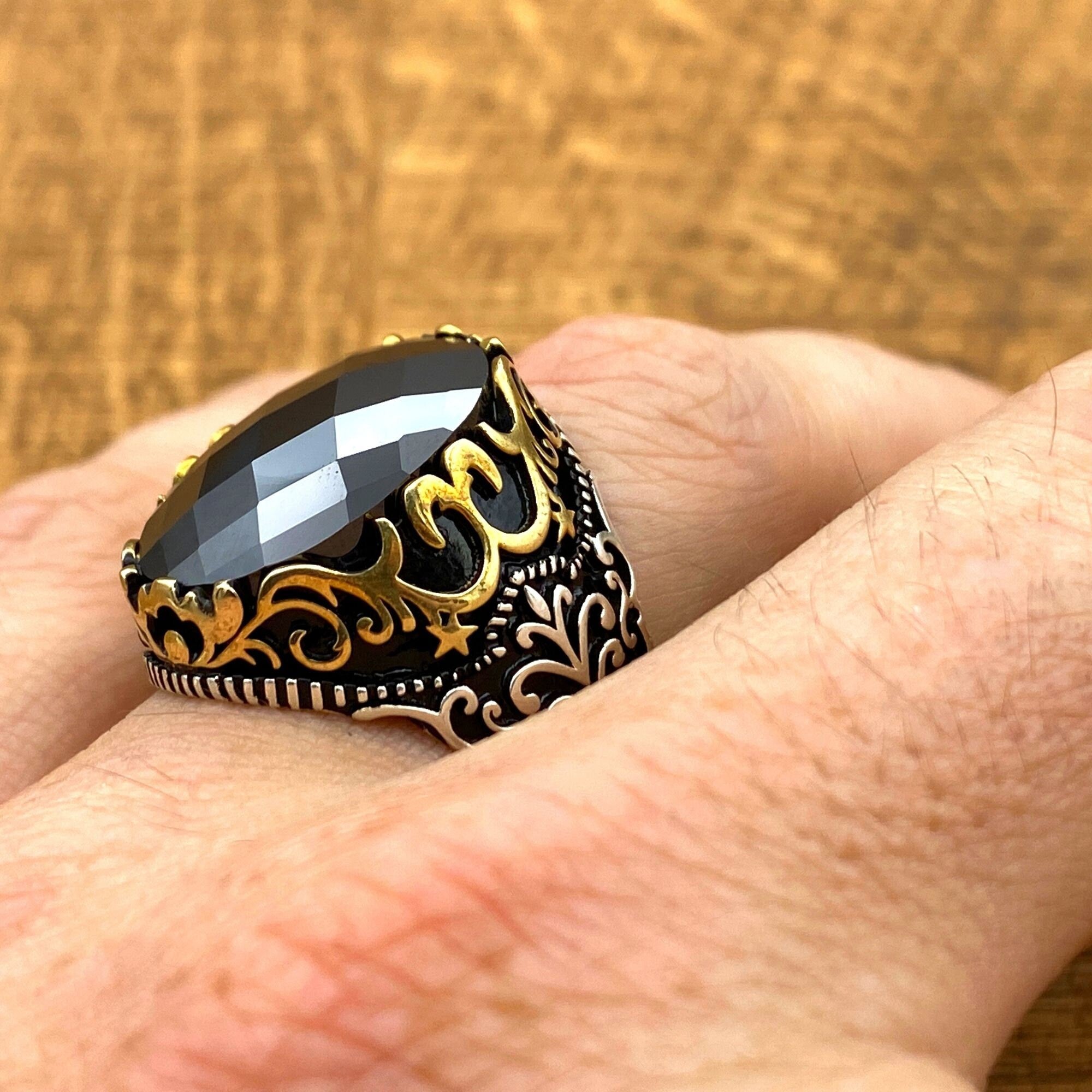 Men's Bold Black Zircon 925 Sterling Silver Ring - Authentic Turkish Handmade Statement Jewelry