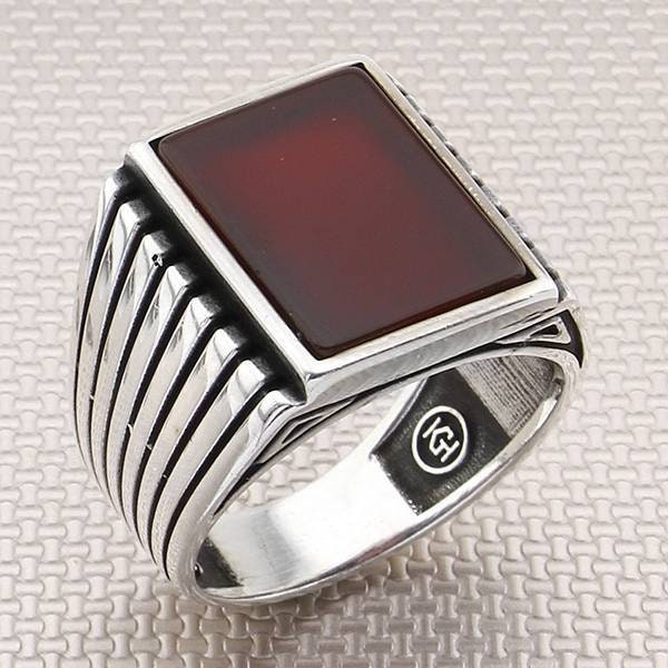 Men's Classic Patterned Square Stone 925 Sterling Silver Ring