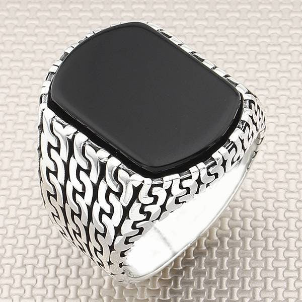 خاتم فضة رجالي بنقشة سلسلة حجر سادة مصنوع يدويًا