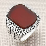 خاتم فضة رجالي بنقشة سلسلة حجر سادة مصنوع يدويًا