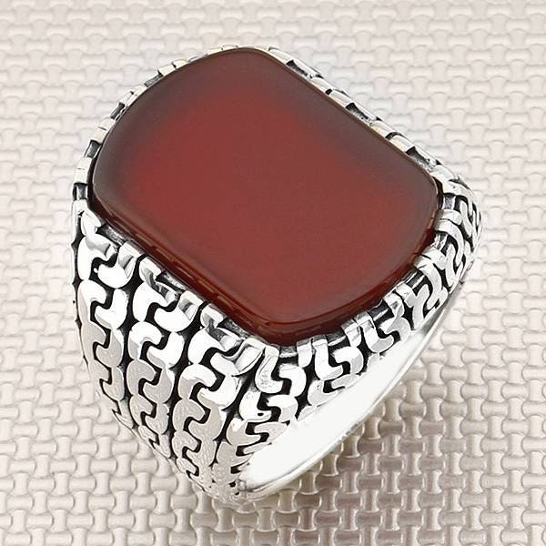 خاتم فضة رجالي بنقشة سلسلة حجر سادة مصنوع يدويًا