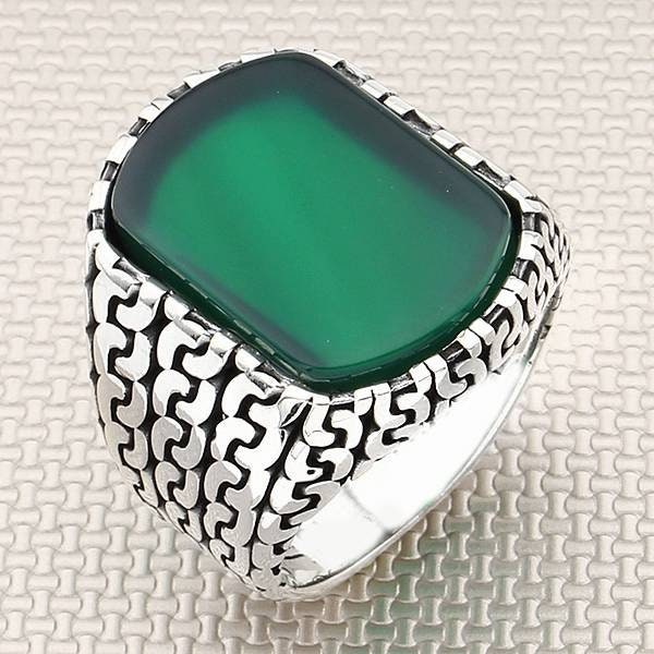 خاتم فضة رجالي بنقشة سلسلة حجر سادة مصنوع يدويًا