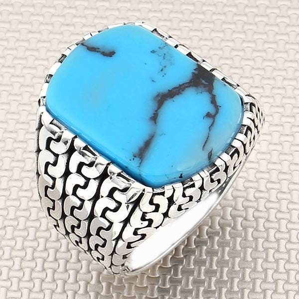 خاتم فضة رجالي بنقشة سلسلة حجر سادة مصنوع يدويًا