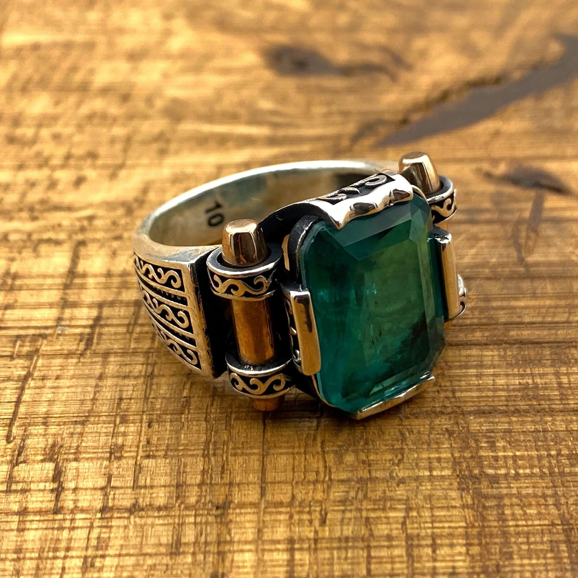 Men's Green Tourmaline Stone Silver Ring
