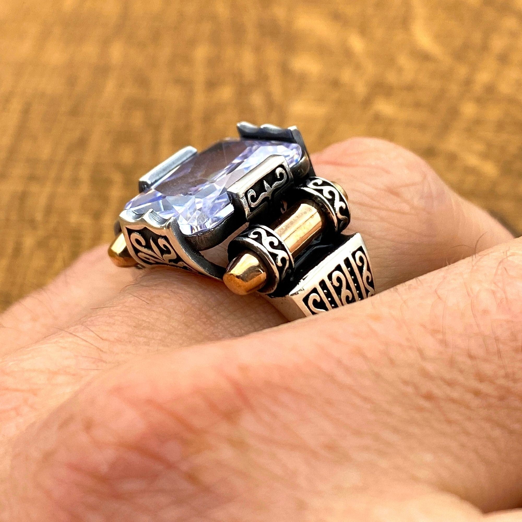 خاتم رجالي تركي يدوي الصنع من الفضة الإسترلينية 925 بحجر الزركون - هدية فريدة بحجر كريم أبيض