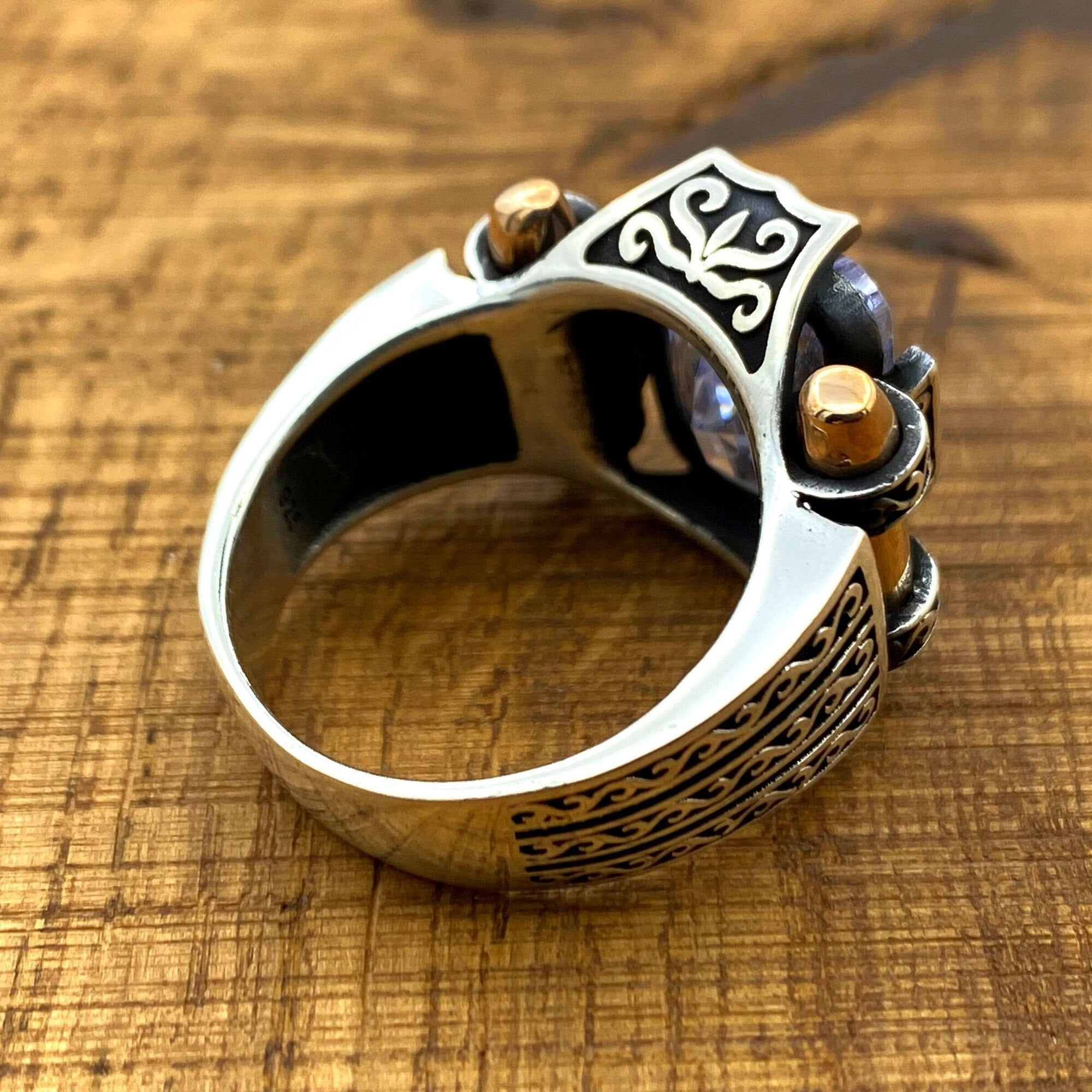 خاتم رجالي تركي يدوي الصنع من الفضة الإسترلينية 925 بحجر الزركون - هدية فريدة بحجر كريم أبيض