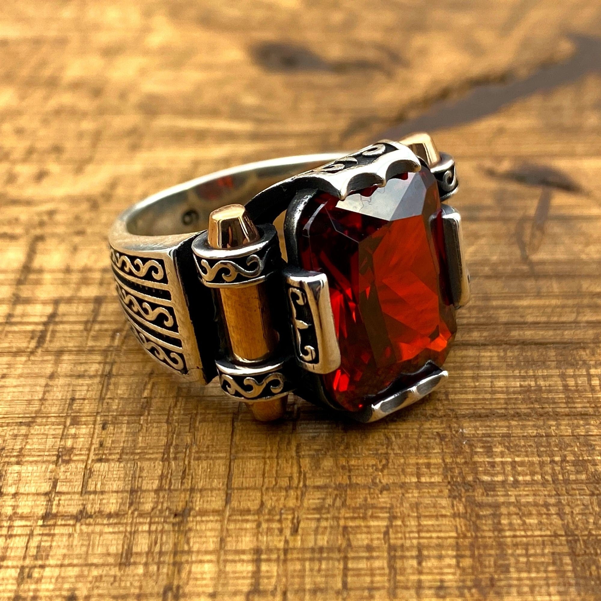 Turkish Handmade Men's Red Ruby Ring | 925 Sterling Silver Gemstone Gift for Him