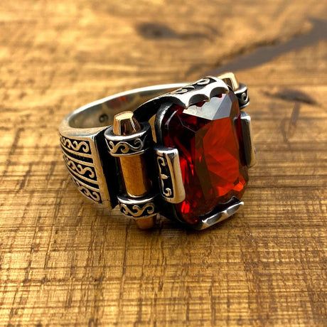 Anillo rojo de rubí para hombre hecho a mano en Turquía | Regalo de piedra preciosa de plata de ley 925 para él