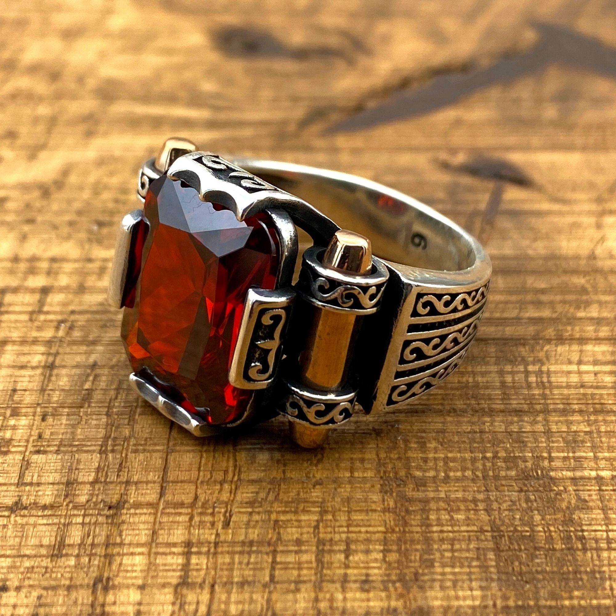 Turkish Handmade Men's Red Ruby Ring | 925 Sterling Silver Gemstone Gift for Him