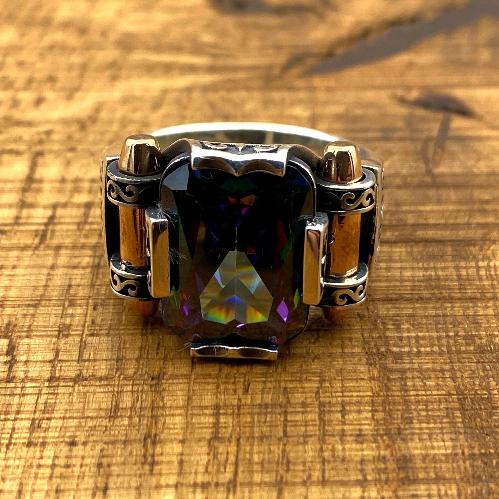 Turkish Handmade Mystic Topaz Men's Ring | 925 Sterling Silver Artisan Jewelry for Him