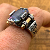 Turkish Handmade Mystic Topaz Men's Ring | 925 Sterling Silver Artisan Jewelry for Him