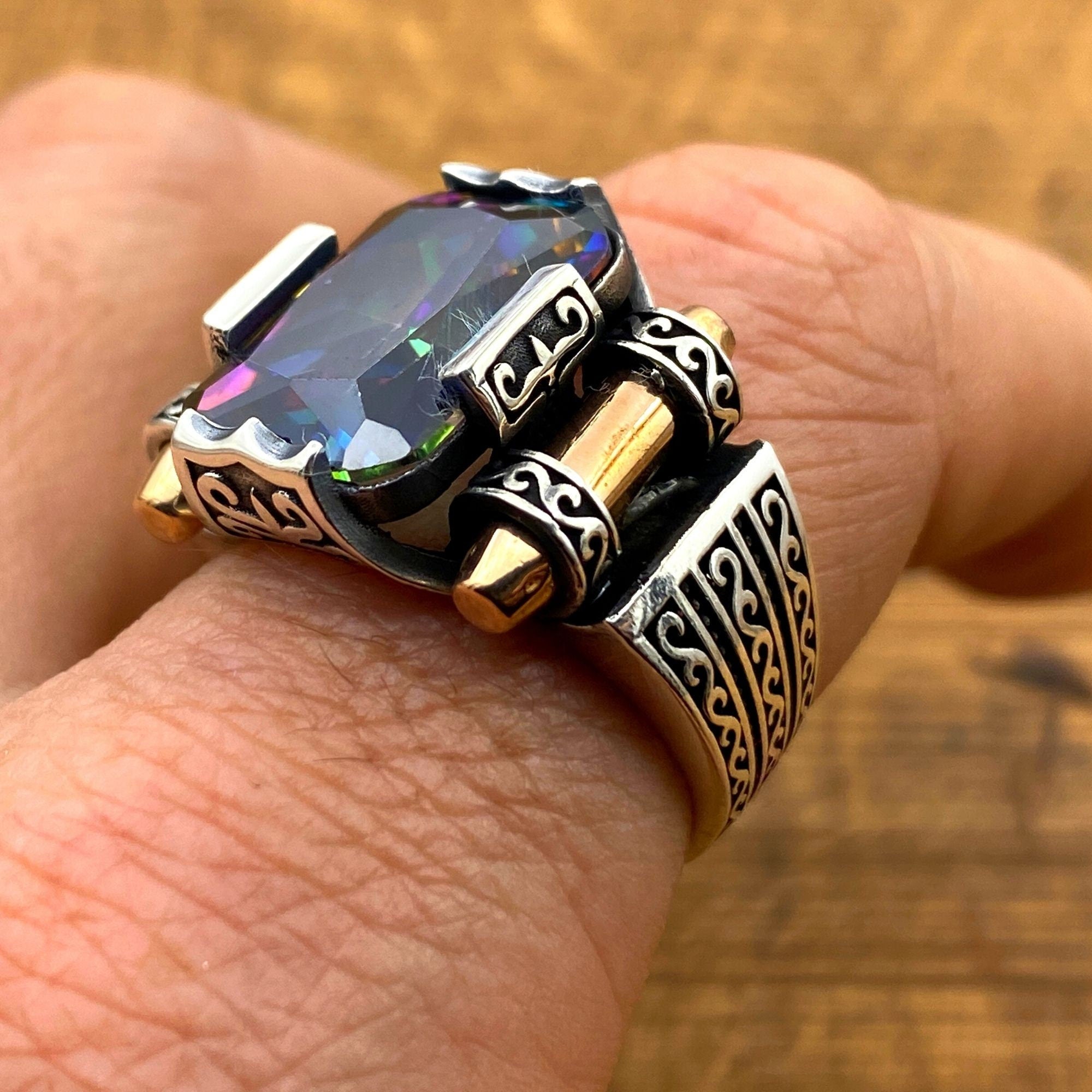 Turkish Handmade Mystic Topaz Men's Ring | 925 Sterling Silver Artisan Jewelry for Him