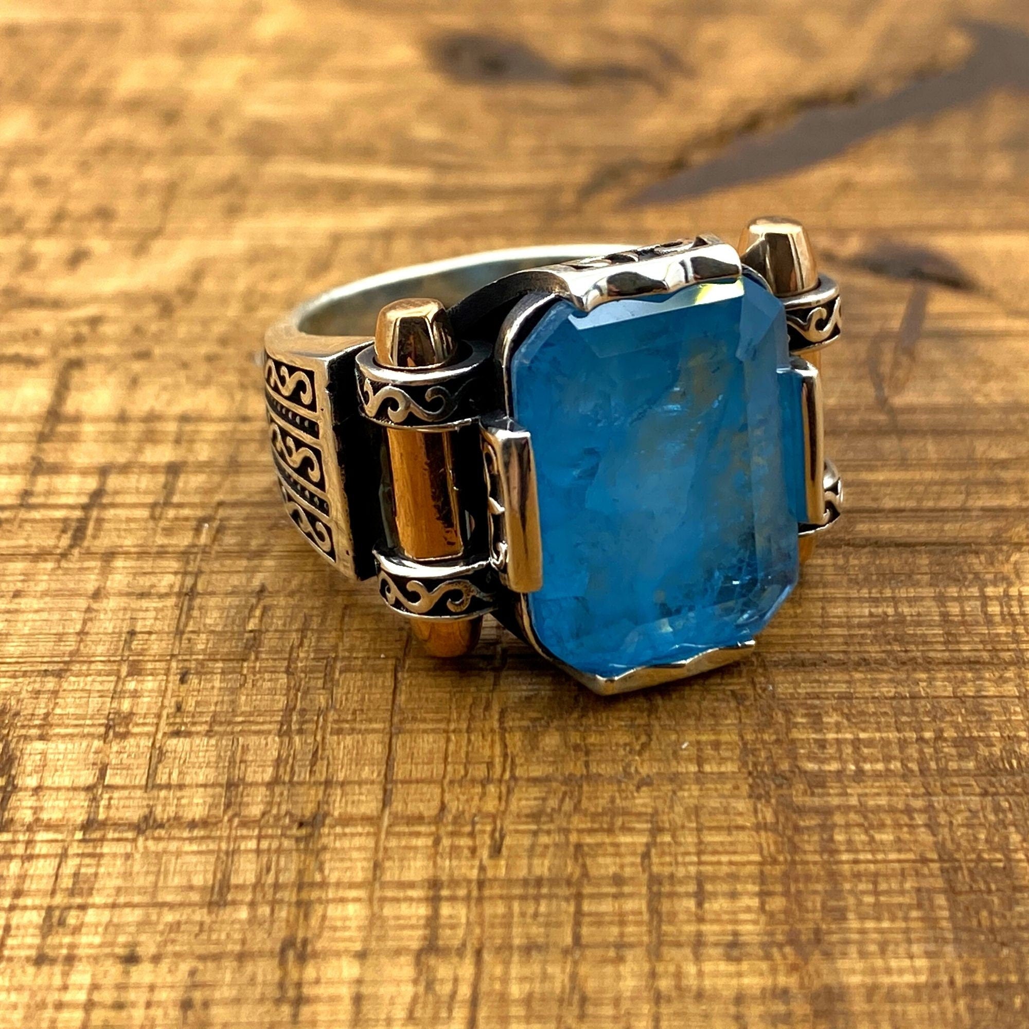 Men's Blue Tourmaline Squared Stone SIlver Ring