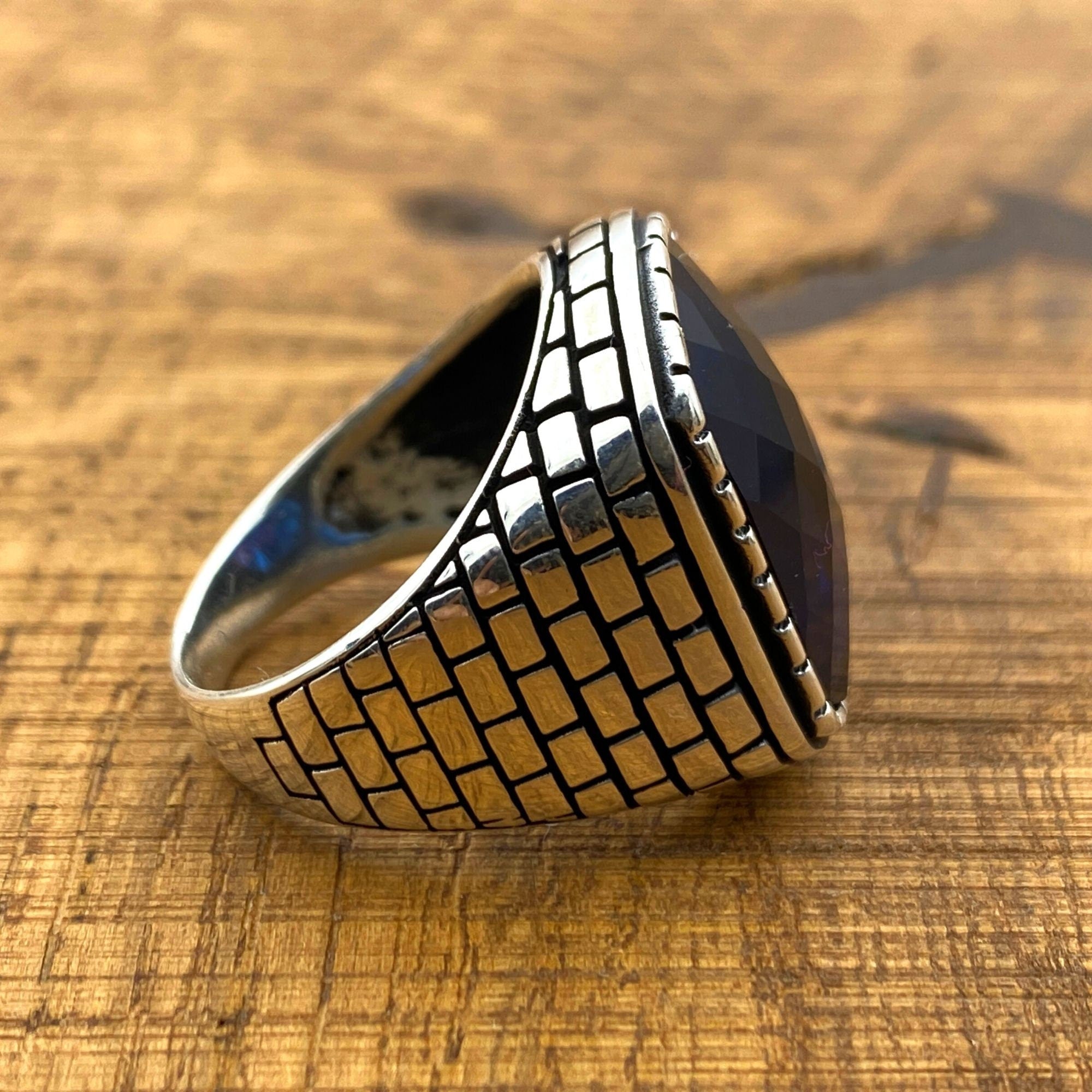 خاتم مربع من الفيروز الأزرق من الفضة الإسترلينية 925 للرجال - يدوي الصنع، تصميم بسيط وجاهز كهدية