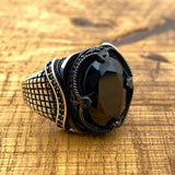 Men's Bold Black Onyx 925 Sterling Silver Ring | Handmade Turkish Craftsmanship