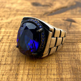 Artisan Men's Blue Sapphire 925 Sterling Silver Ring with Unique Watch Band Design & CZ Accents