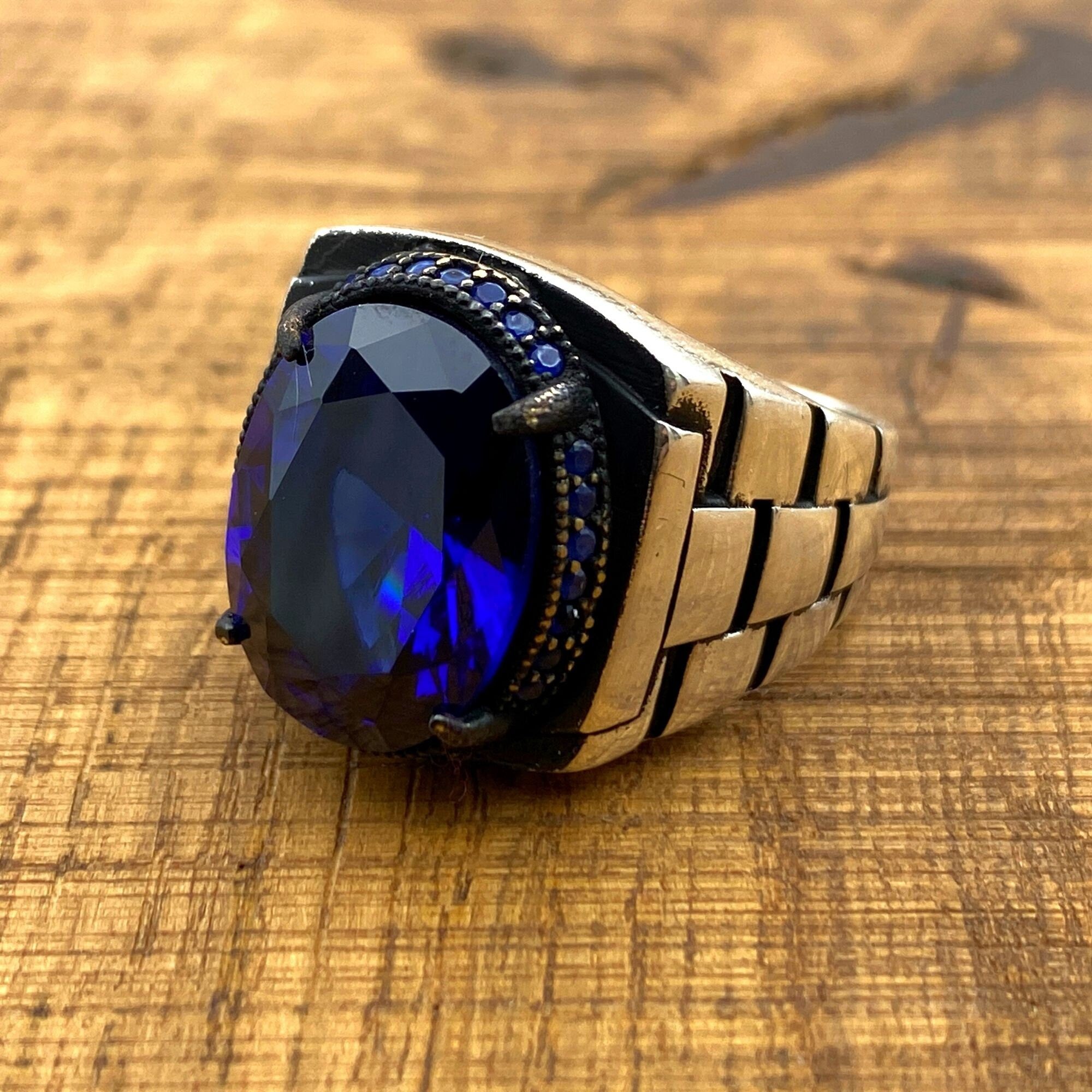 Artisan Men's Blue Sapphire 925 Sterling Silver Ring with Unique Watch Band Design & CZ Accents