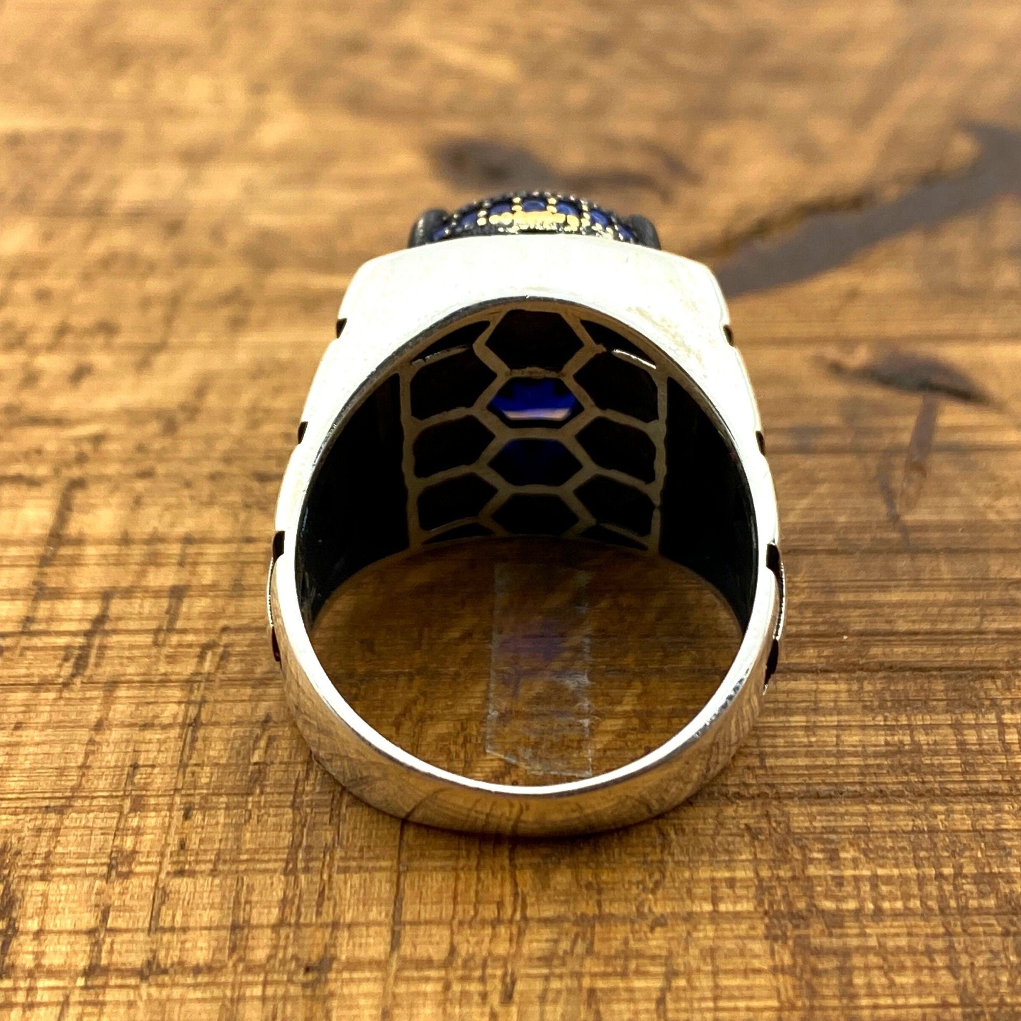 Artisan Men's Blue Sapphire 925 Sterling Silver Ring with Unique Watch Band Design & CZ Accents