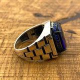 Artisan Men's Blue Sapphire 925 Sterling Silver Ring with Unique Watch Band Design & CZ Accents