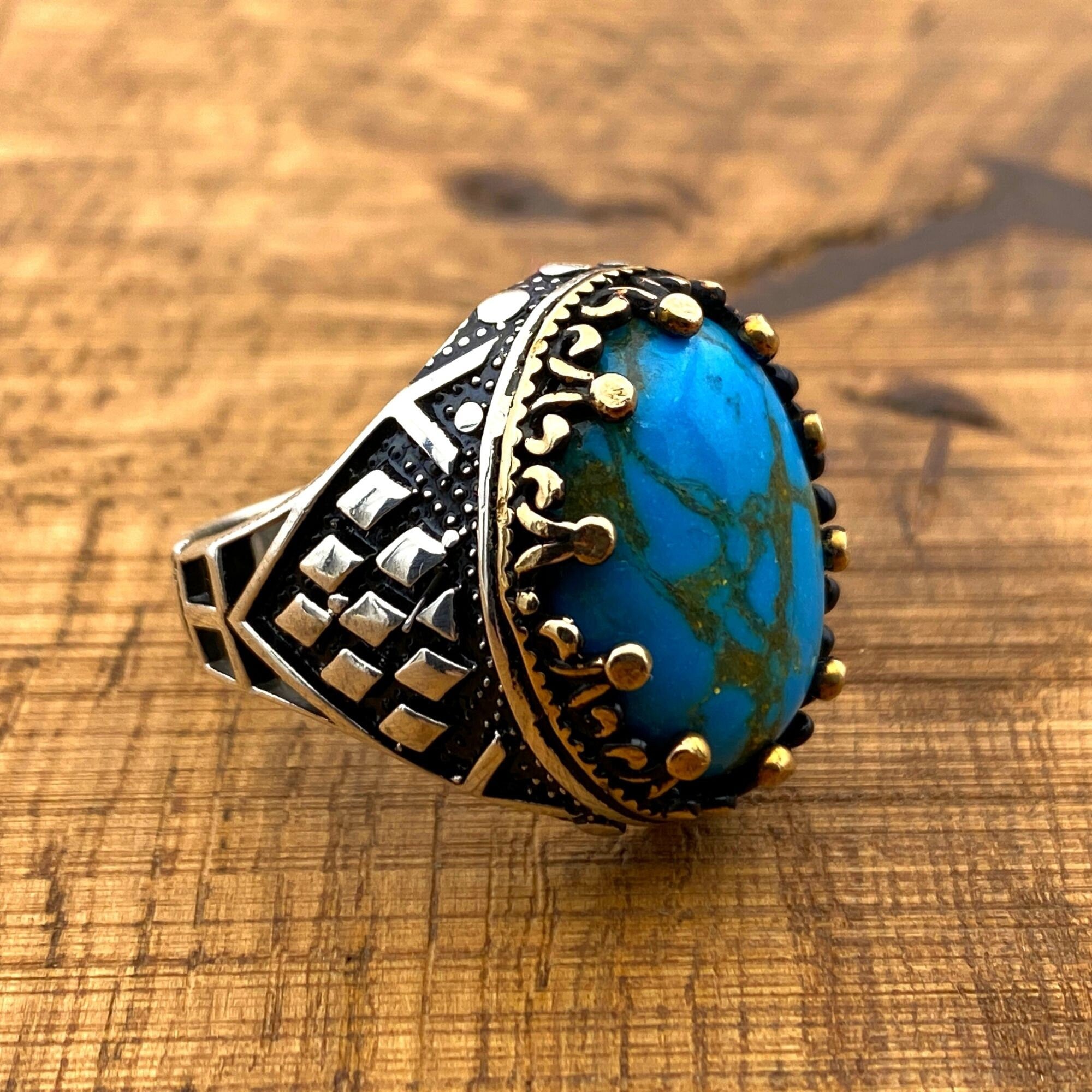 Authentic Turkish Handmade 925 Sterling Silver Men's Turquoise Ring - Artisan Gemstone Gift