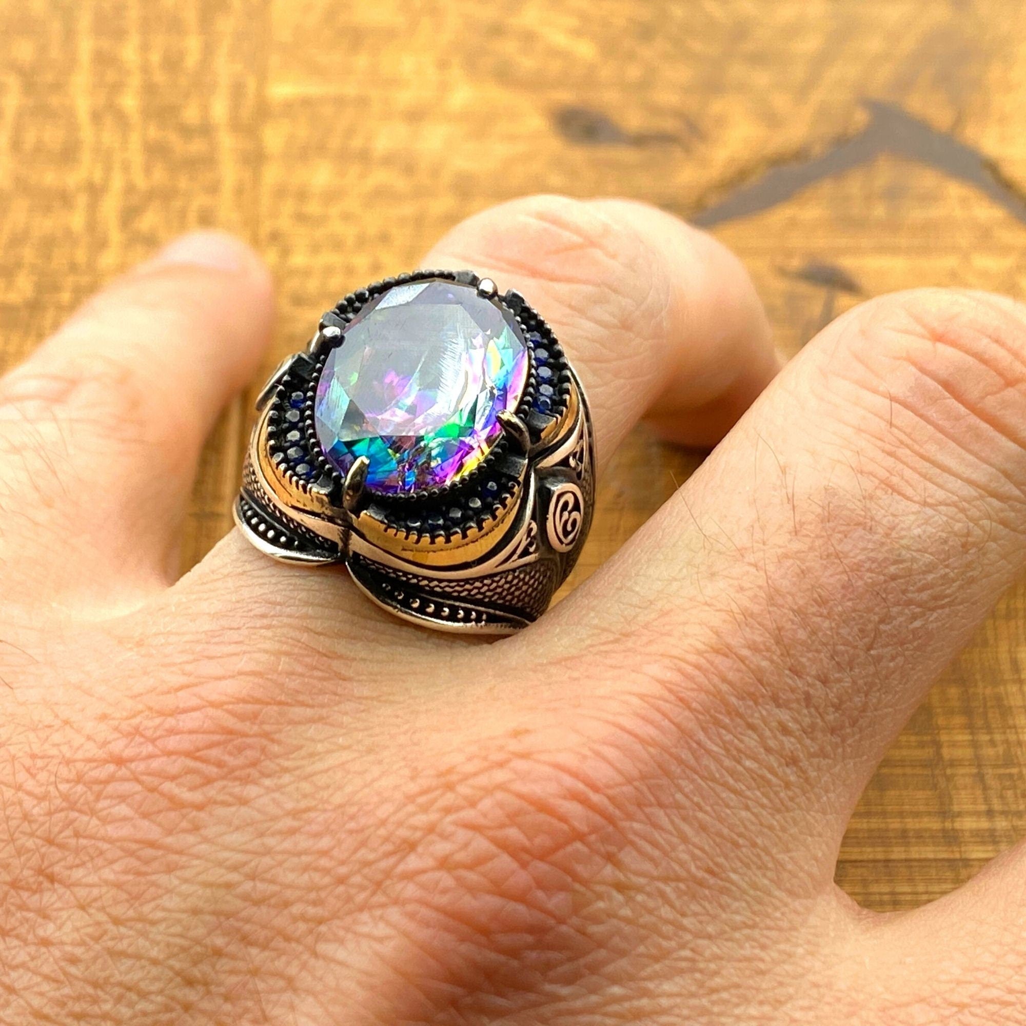 Handcrafted Men's 925 Sterling Silver Mystic Topaz Ring - Bold Statement Piece