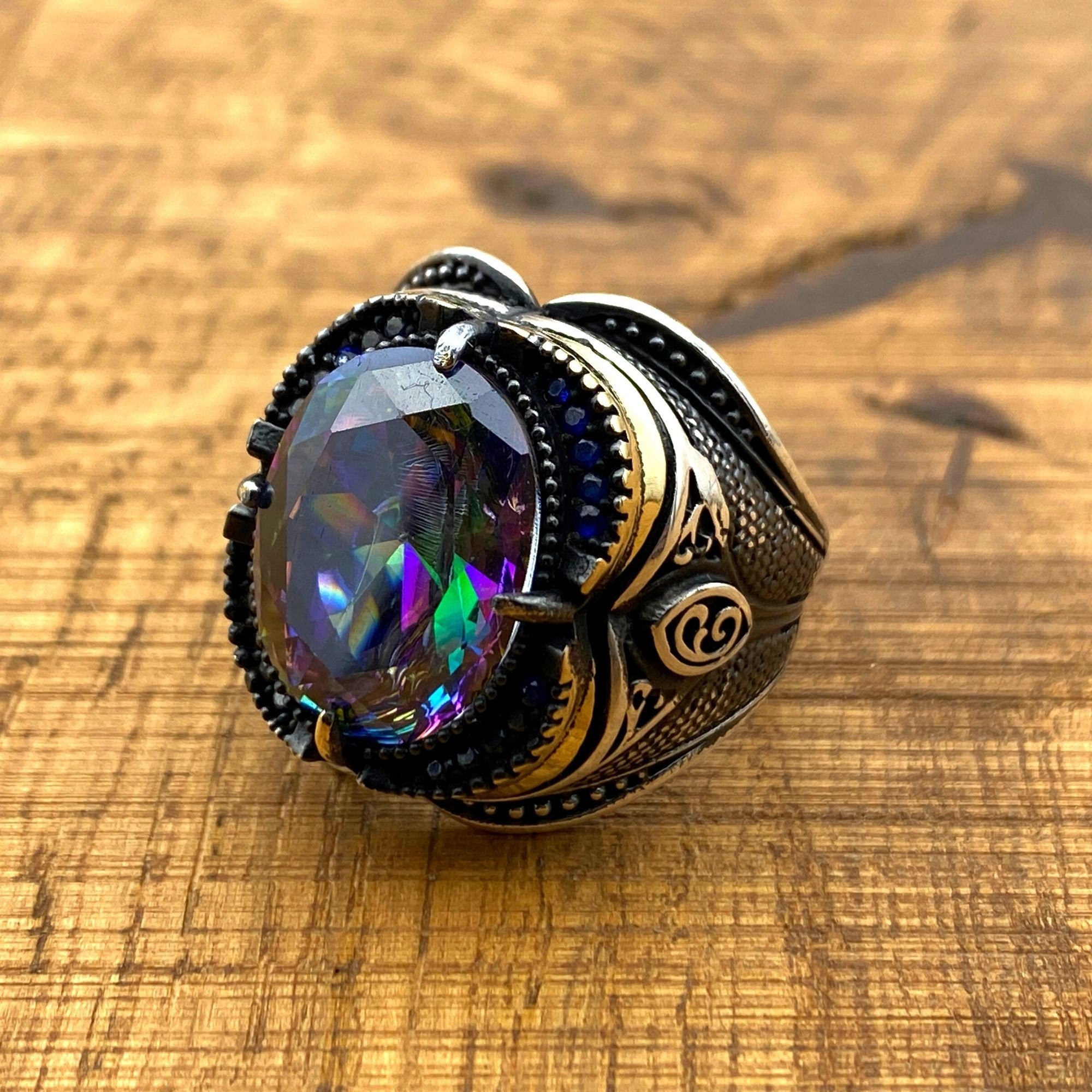 Handcrafted Men's 925 Sterling Silver Mystic Topaz Ring - Bold Statement Piece