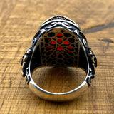 خاتم عثماني رجالي مصنوع يدويًا من الفضة الإسترلينية | حجر كريم زركون أحمر بيضاوي