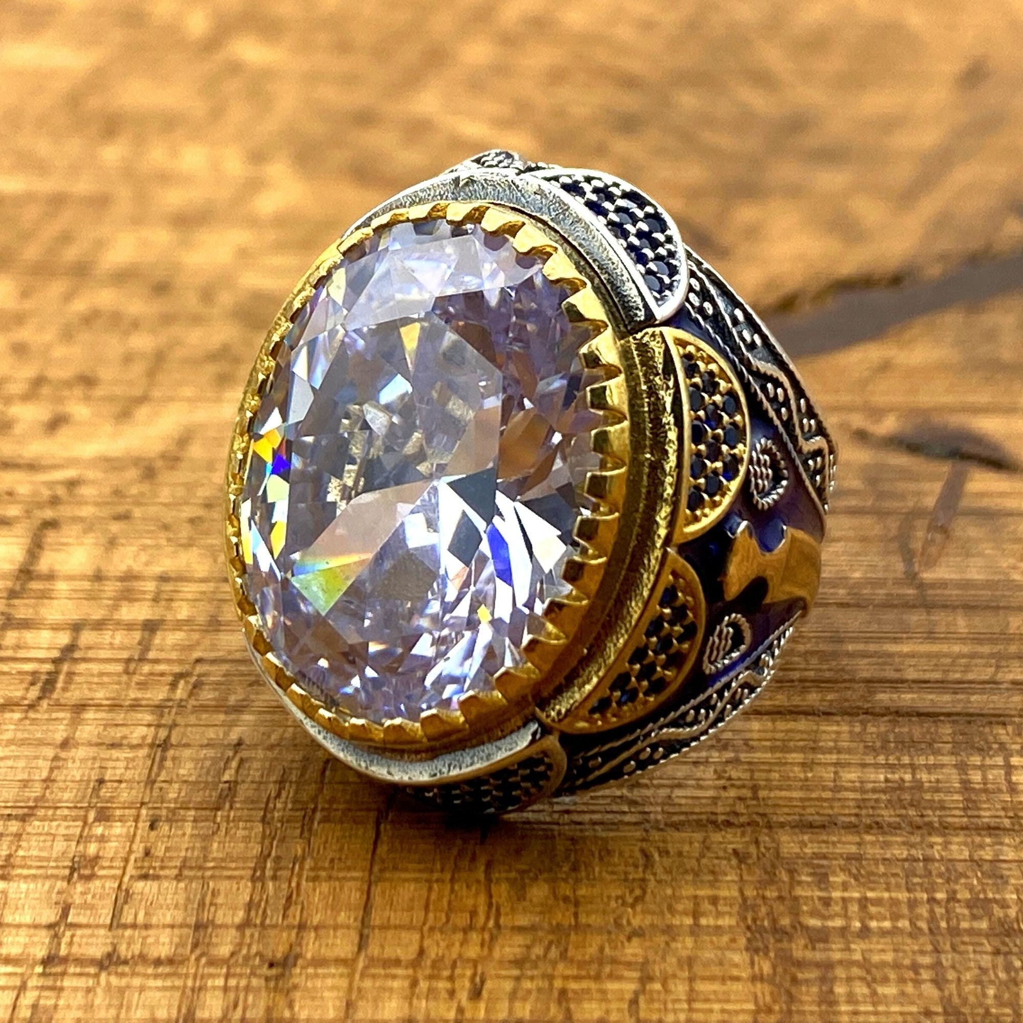 Turkish Handcrafted 925 Sterling Silver Men's Ring | Ottoman Style White Oval Zircon