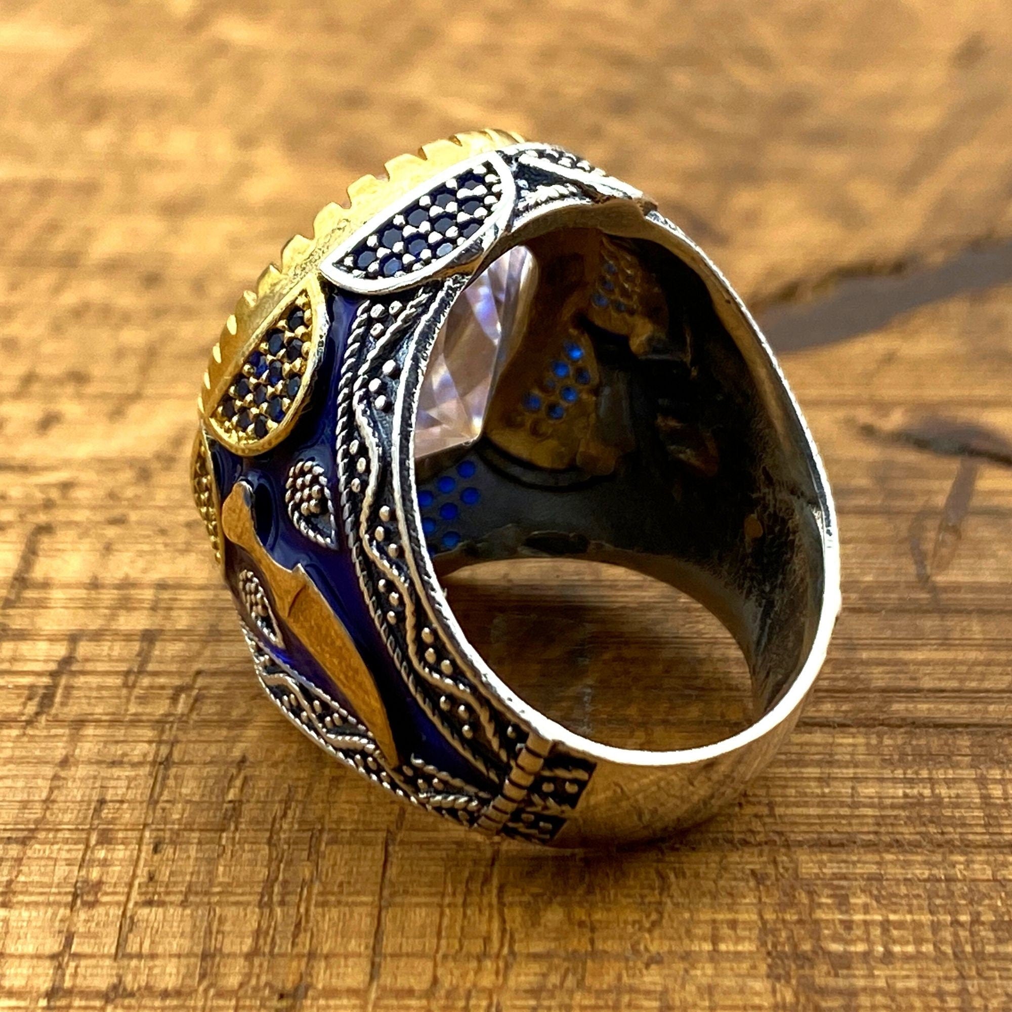 Turkish Handcrafted 925 Sterling Silver Men's Ring | Ottoman Style White Oval Zircon